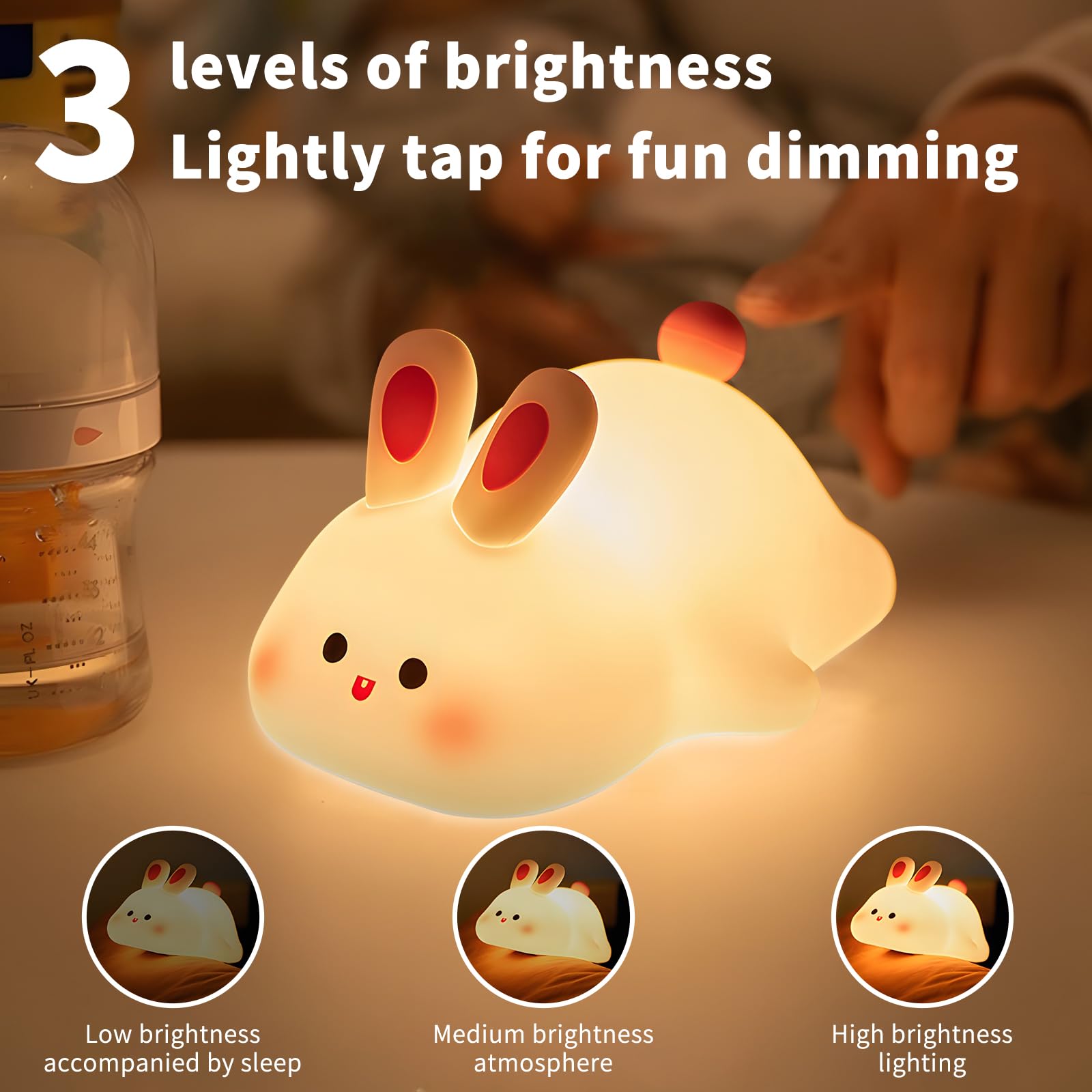 Hpydiy Cute Rabbit Night Light Squishy Animal Nightlamp Rechargerable Dimmable Nursery Bunny Lamp Soft Silicone Table Bedroom Lamp Portable Adjustable Lighting Bedroom Bedside Gift