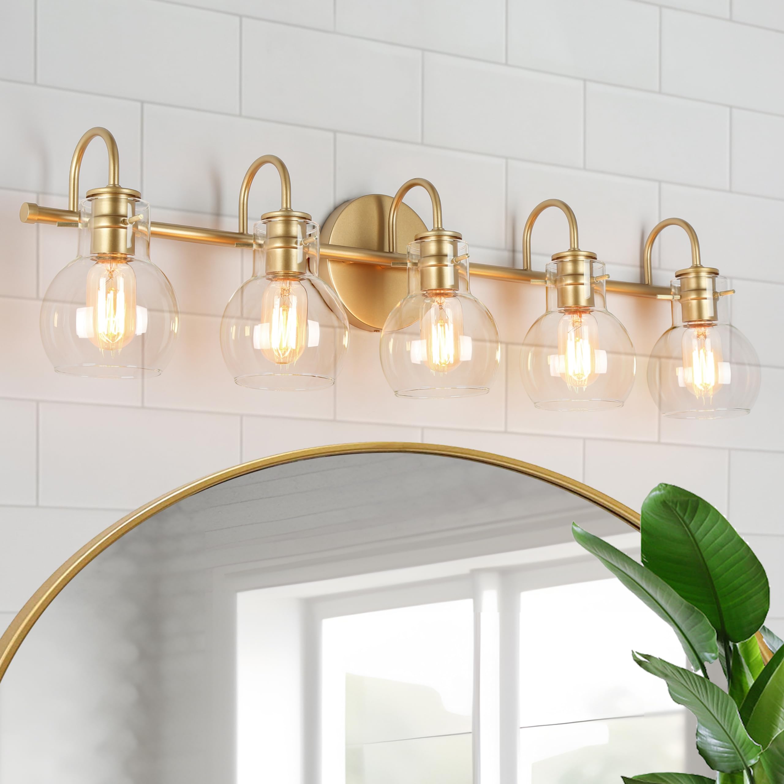 Ksana Bathroom Vanity Light, 5-Light Large Gold Wall Light Fixtures, Modern Vanity Lights Over Mirror With Globe Clear Glass Sha