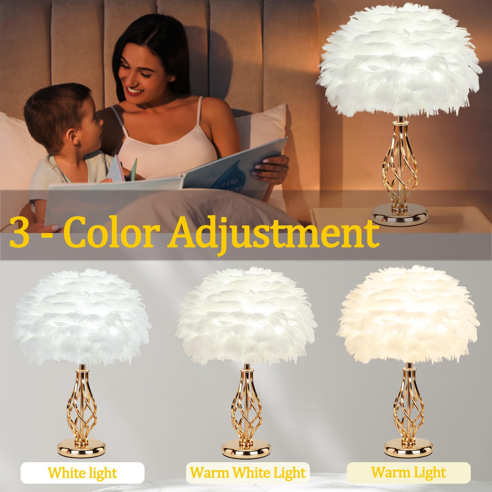 LINCWONZ Feather Table Lamp - Unique Golden Spiral Cage Base, 3-Color Temperature, 13.8in x 13.8in x 18in, White