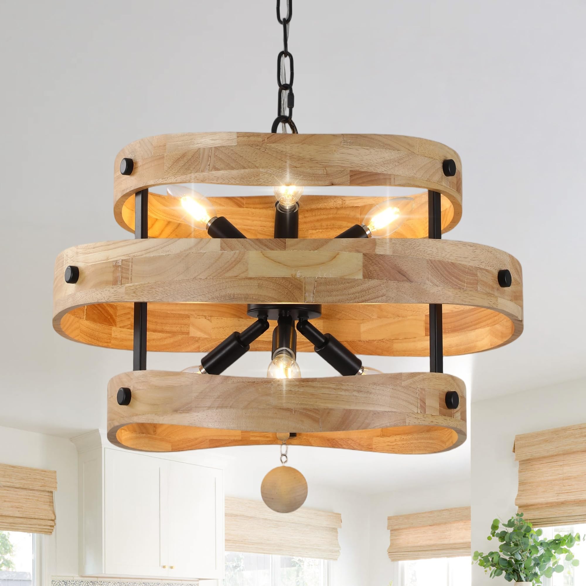 20 Farmhouse Chandelier with Light, 6-Light Rustic Drum Chandelier Over Table, Wood Dining Room Light Fixtures for Kitchen Islan