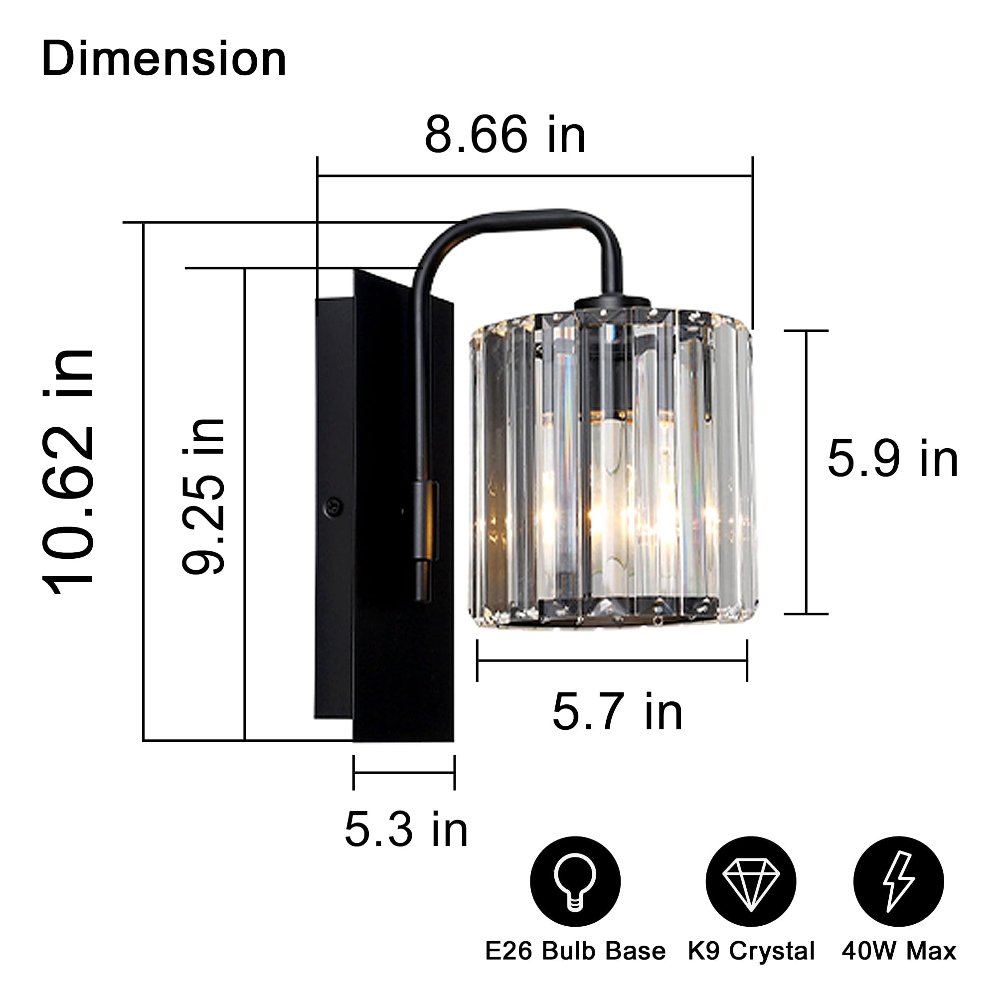 Grneric Crystal Wall Sconces,Black Wall Light Fixtures,Black Sconce With Glass Shade,Wall Lights Modern Sconces Wall Lighting Indoor Wall Sconce For Living Room Bathroom Hallway Bedroom 10 Inch
