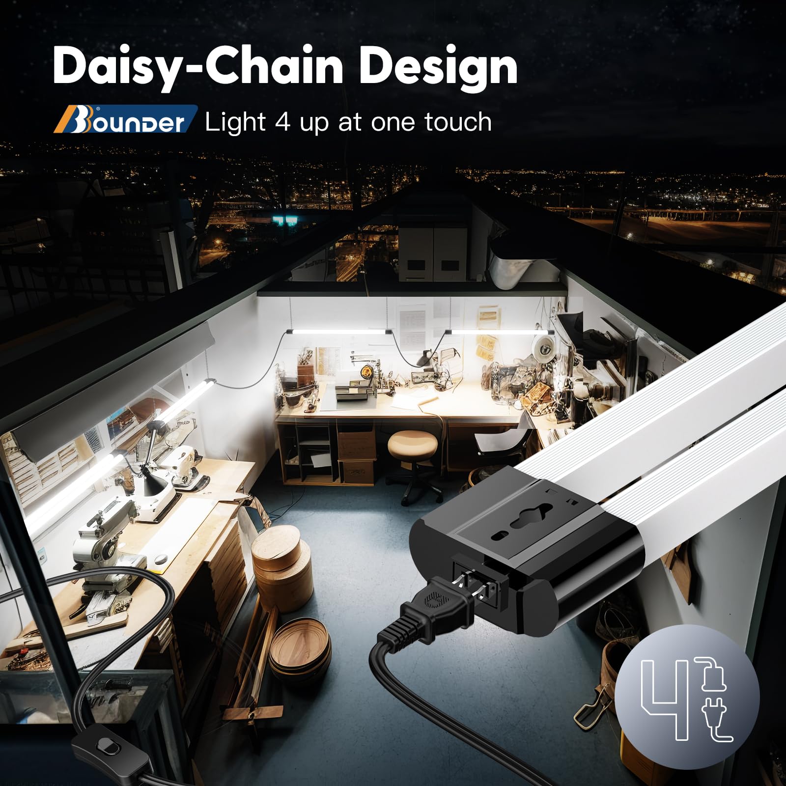 Bbounder 4 Pack Linkable Led Utility Shop Light, 4400 Lm, Super Bright 6500K Cool Daylight, 4 Ft Integrated Fixture For Garage,