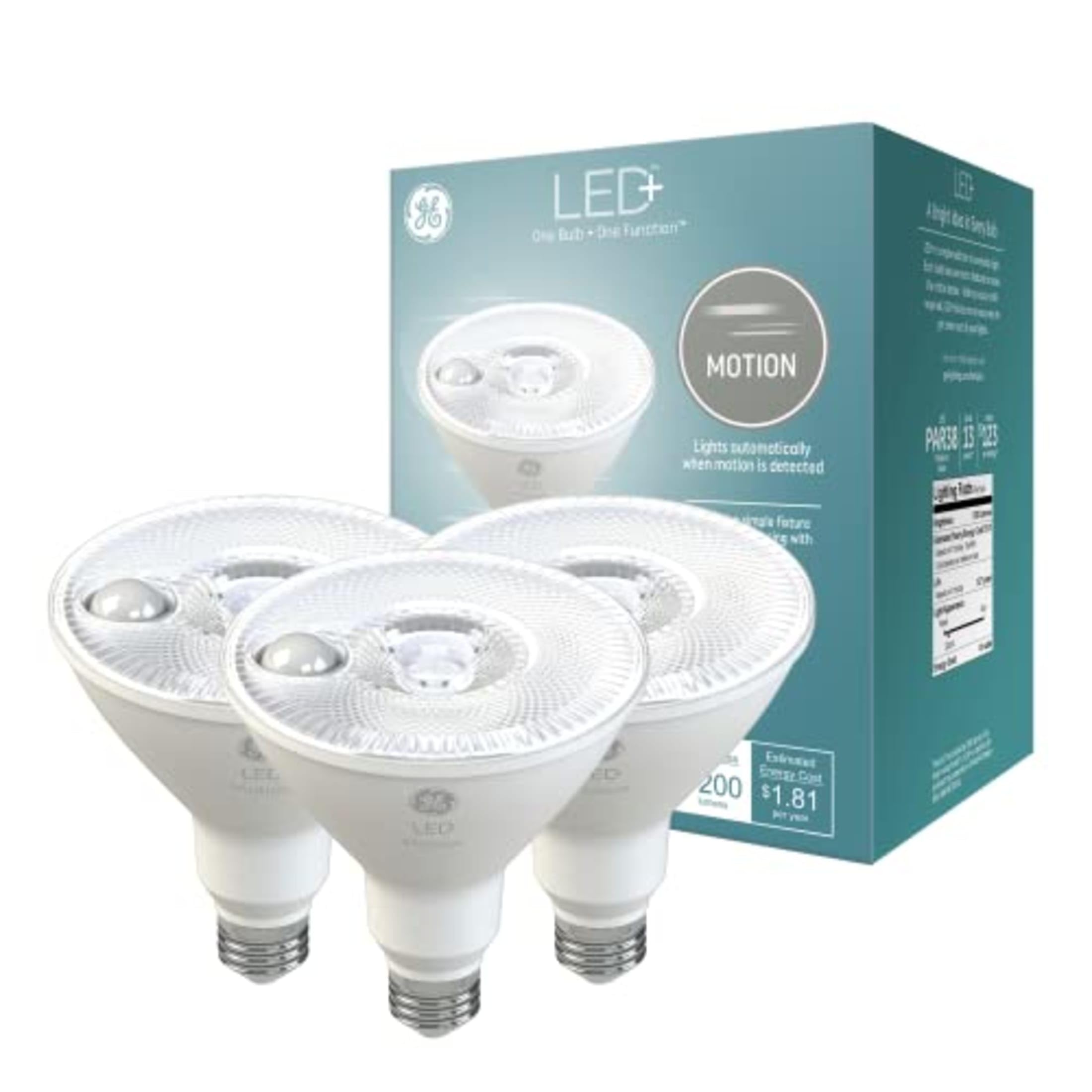 Ge Led+ Motion Led Light Bulbs, Par38 Outdoor Security Floodlights, 15W, Warm White (3 Pack)