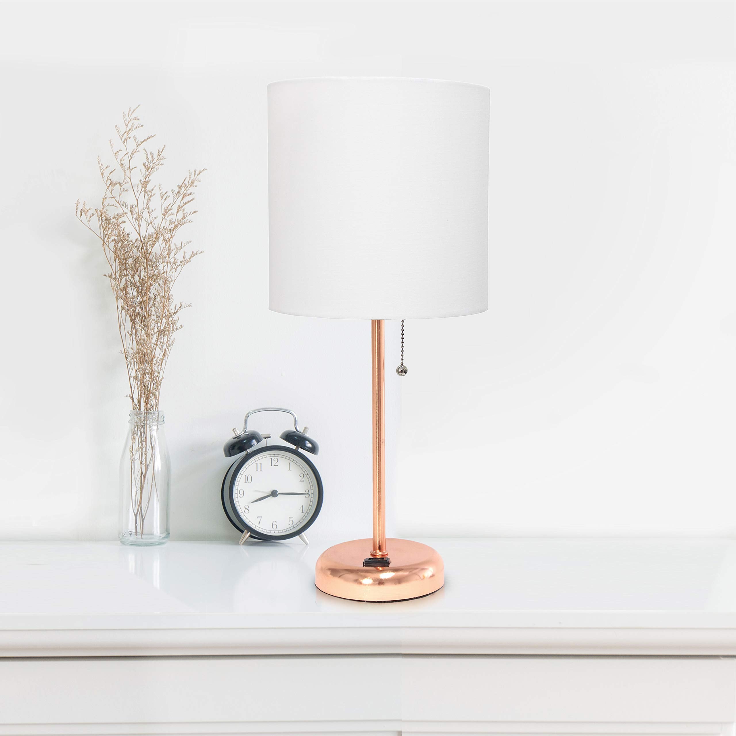 Simple Designs Lt2024-Rgd Rose Gold Stick Table Desk Lamp With Charging Outlet And Drum Fabric Shade, White Shade