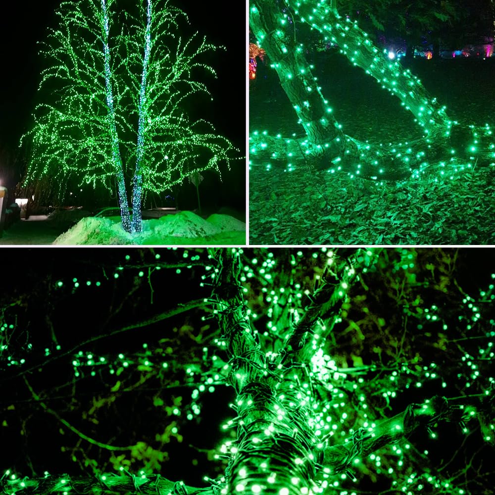 EEW Solar Christmas Lights 200 LED Green Wire 2 Pack Waterproof 8 Lighting Modes Model CAIYUAN-100