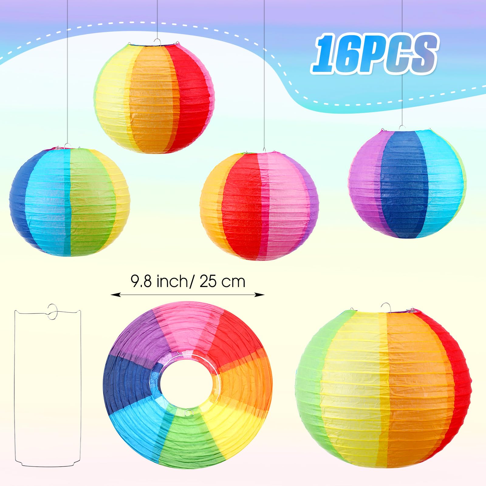 Treela 16 Pcs Rainbow Paper Lanterns 9.8 Inch Beach Ball Paperlanterns , Mexican Fiesta Party Decorations Summer Luau Themed Han