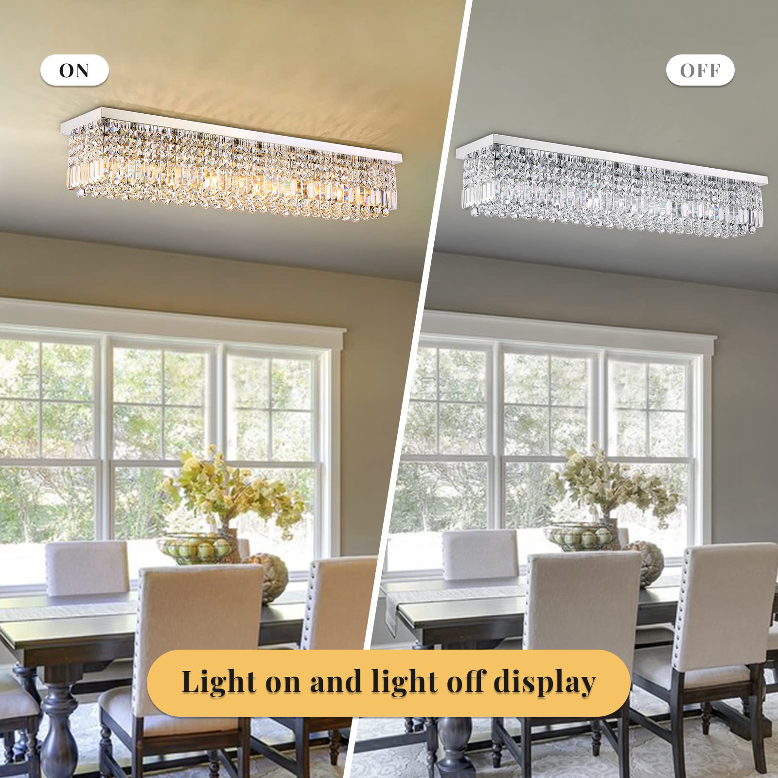 Siljoy Crystal Chandelier 10-Lights Rectangular Flush Mount Fixture L47" x W10" Chrome Model HLC037 for Dining Room, Living Room, Kitchen