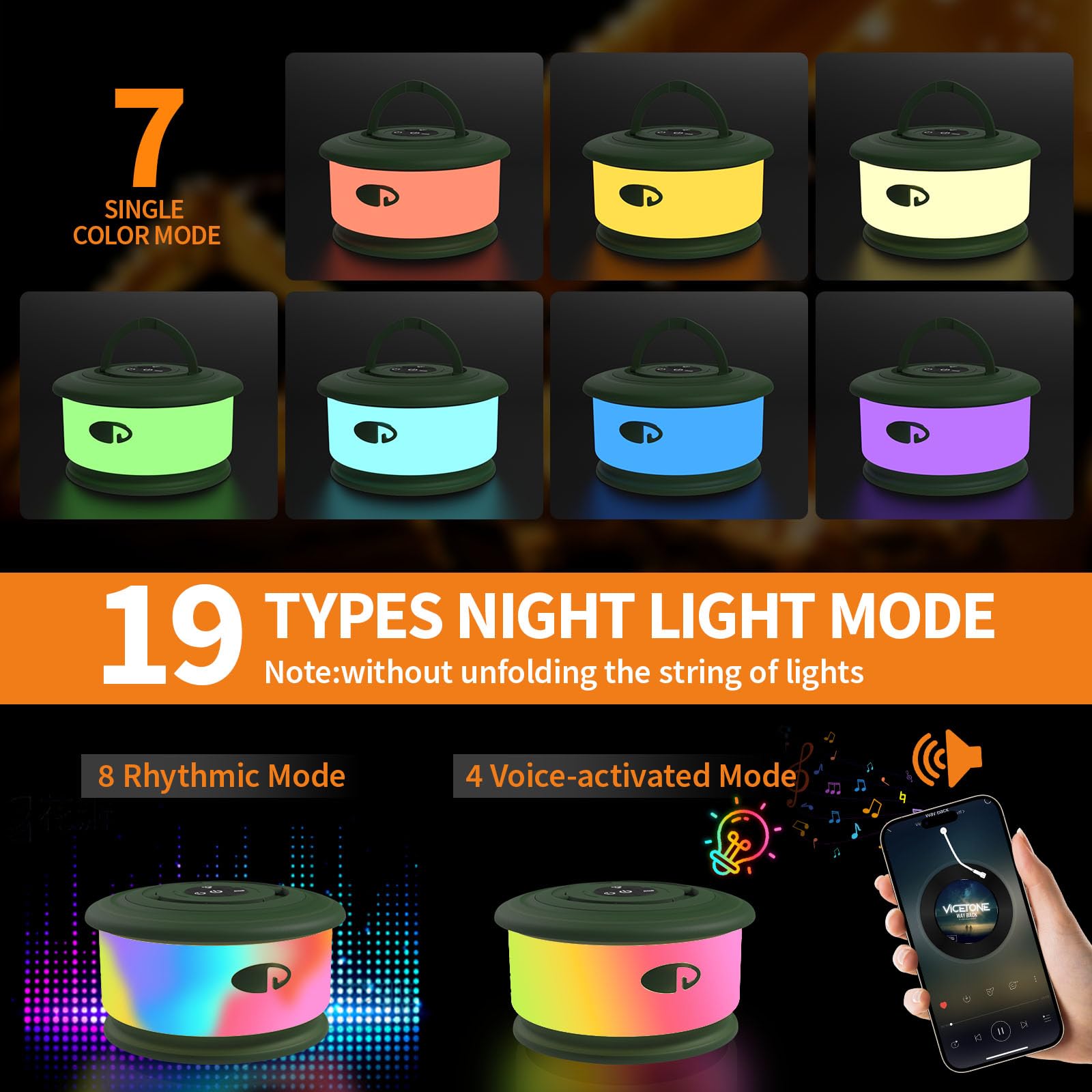 TOHETO Camping String Lights, 3-in-1 RGB Outdoor Lantern, 19 Modes, 32.8 FT, Rechargeable, Green, Model JSK-L26