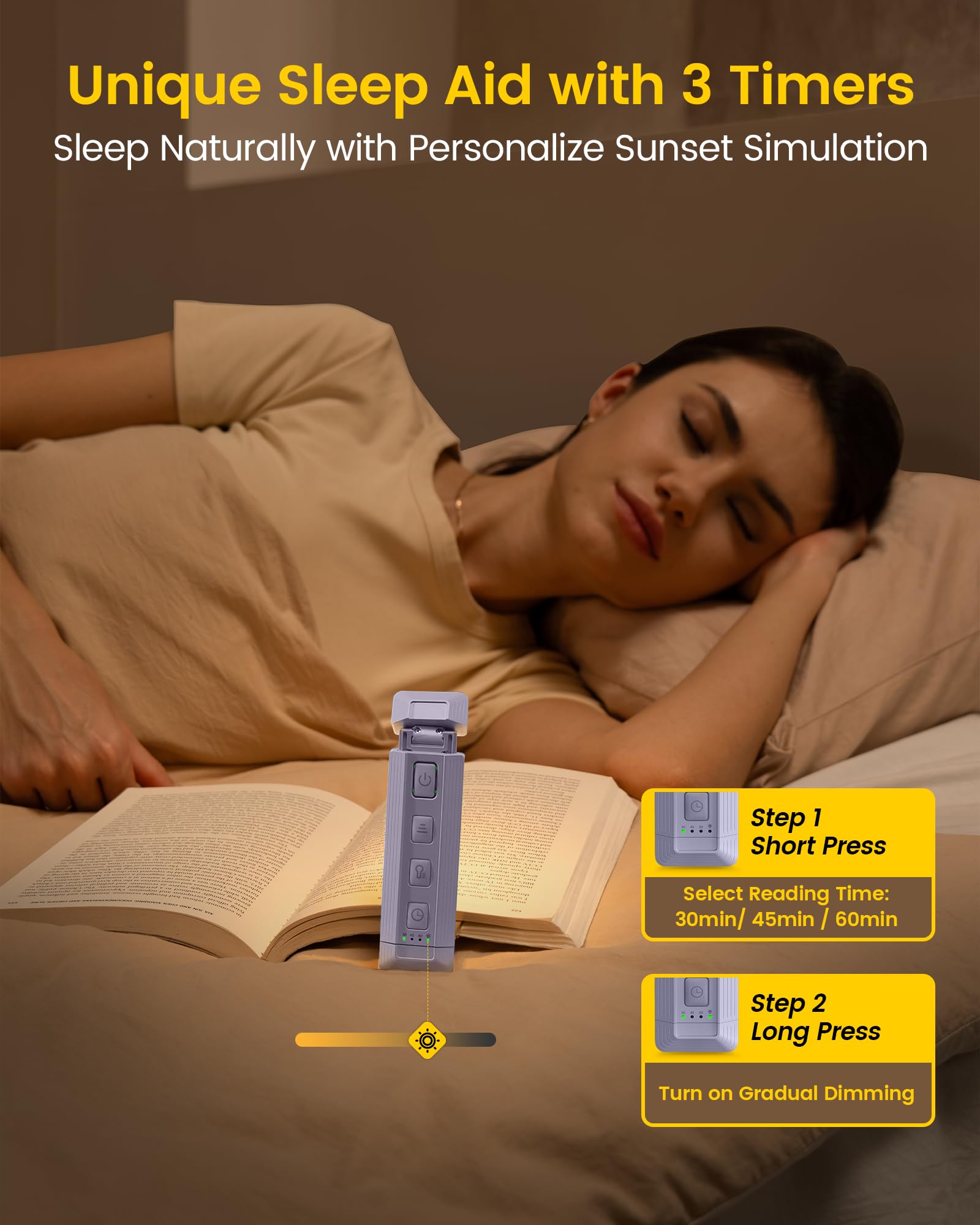 Glocusent Extendable Book Light - USB Rechargeable, 5 Brightness Levels, 3 Colors, Clip-On, 15.4x1.5x1.4in, Purple,