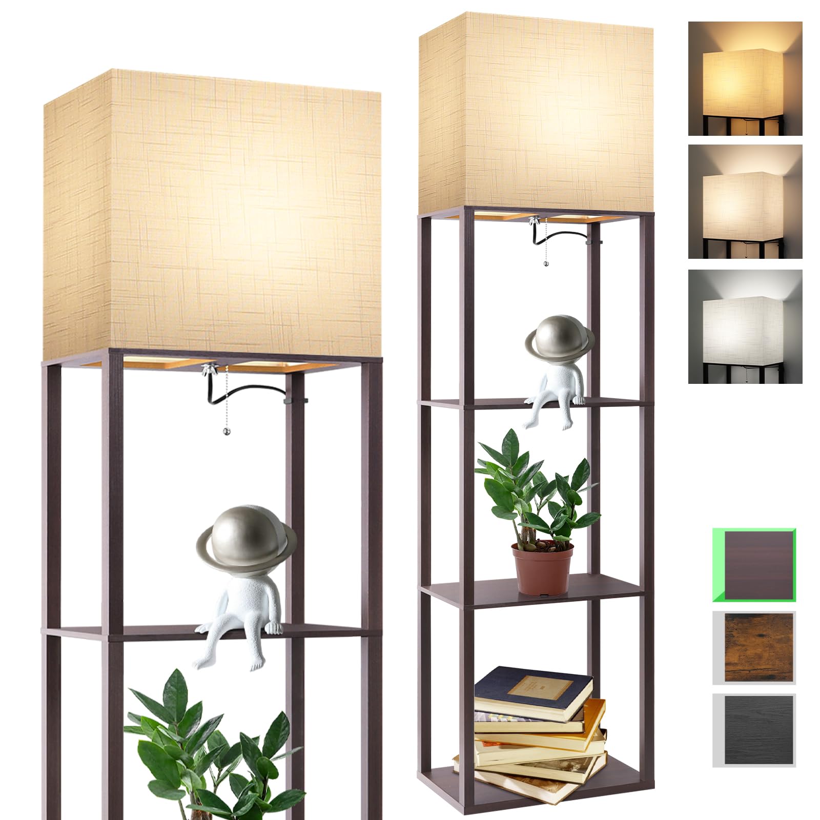 Runtop Plus Floor Lamp With Shelves, 15W Led, 3 Color Temperatures, Walnut Wood Design
