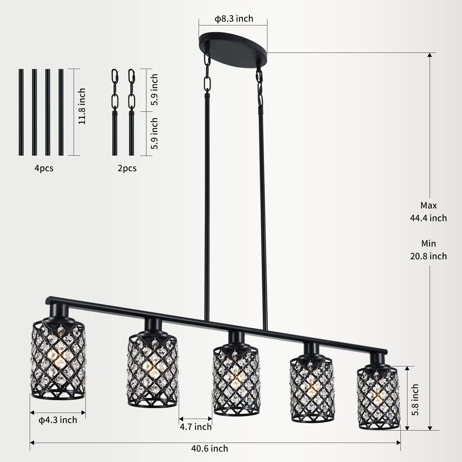 KPIOK 5-Light Kitchen Island Pendant Chandelier, Black Metal with Handmade Crystal Shade, Ideal for Dining Table and Living Room