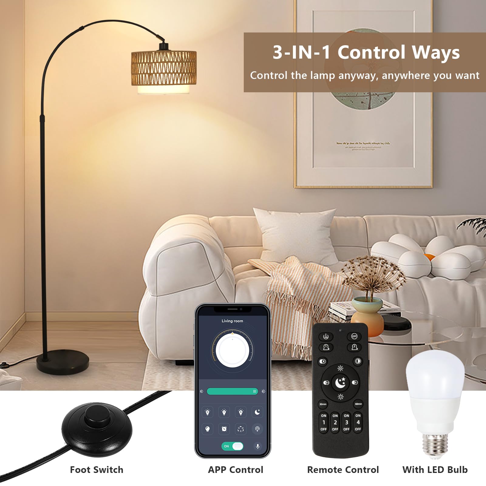eyassi Arc Floor Lamp - Modern LED, Dimmable, Adjustable Height, Black & Brown, Tall Design for Living Room & Bedroom