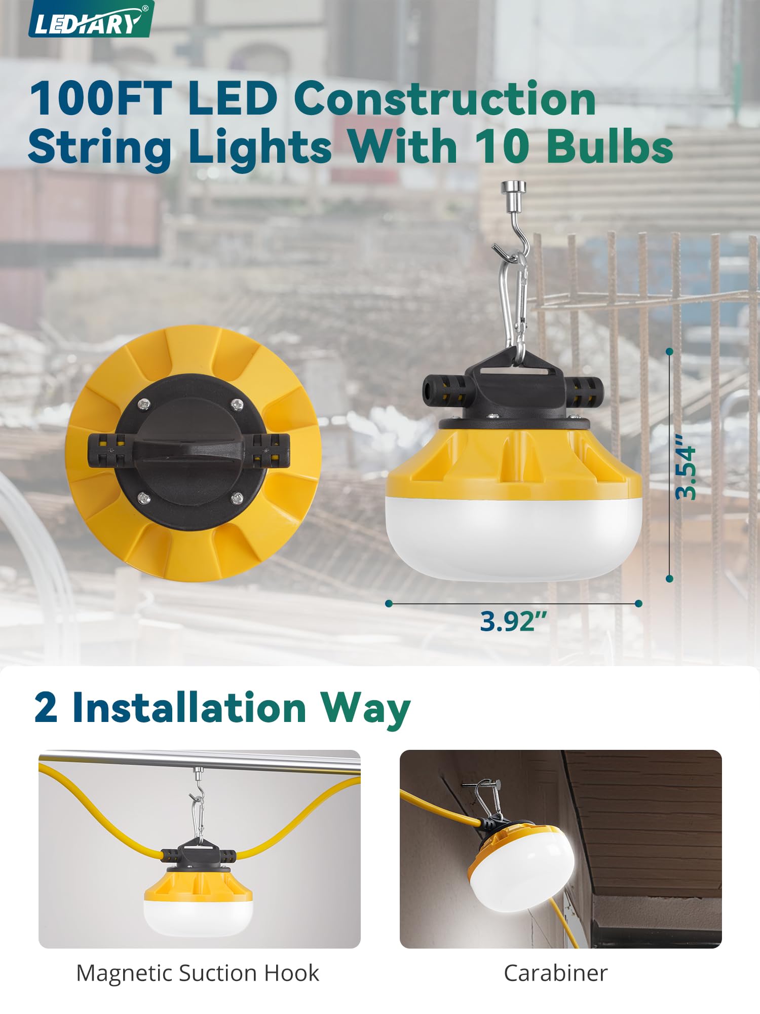 LEDIARY 100FT LED Construction String Lights, 100W 10000LM, Linkable Temporary Lighting, White, ETL Listed, Indoor/Outdoor