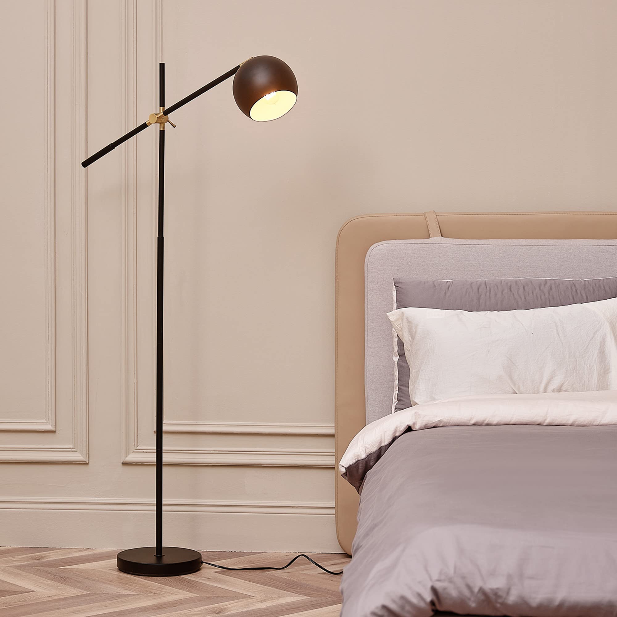 Globe Electric 65911 60'' Floor Lamp, Matte Black, Brass Pivot, Matte Black Shade, In-Line On/Off Foot Switch