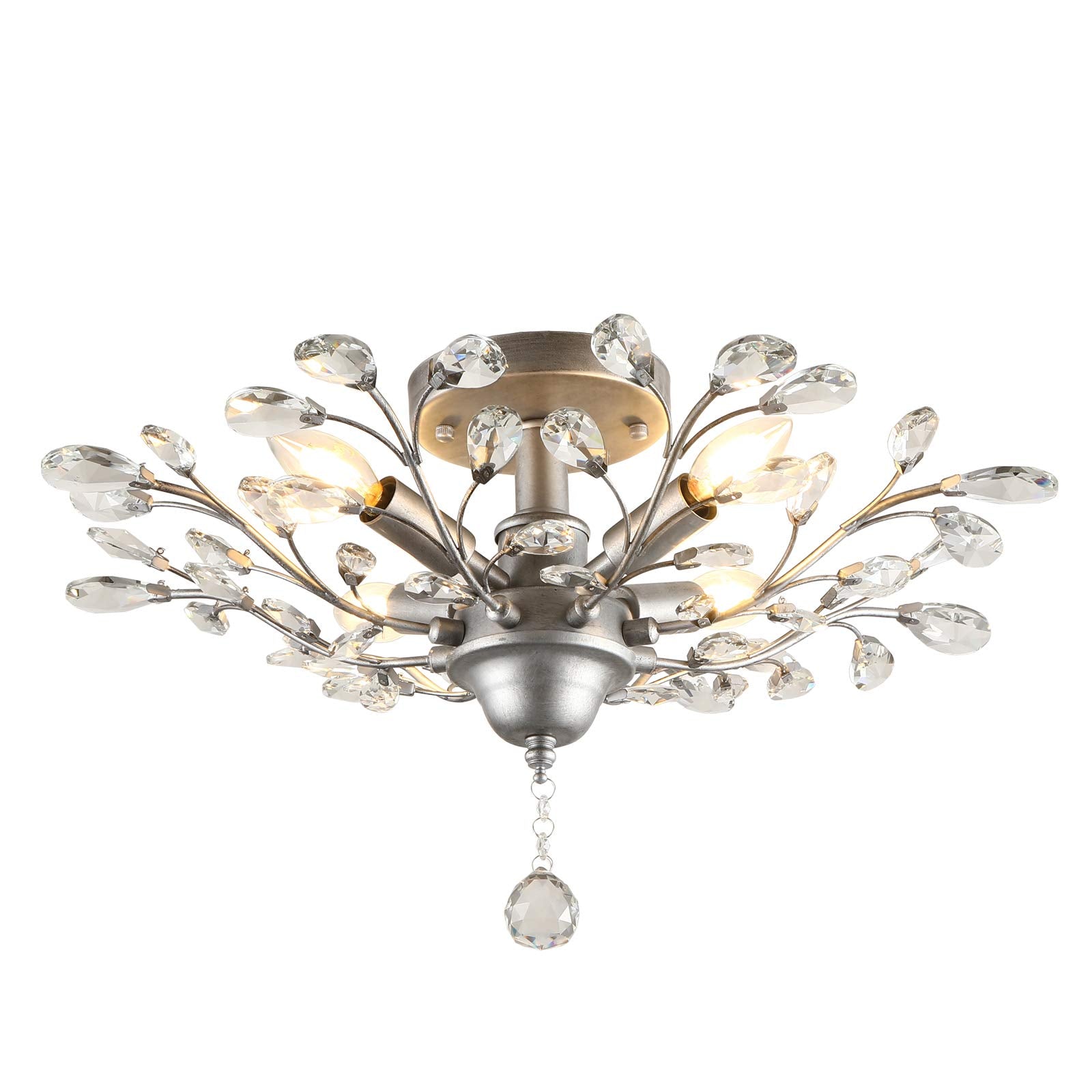 SEOL Flush Mount Ceiling Light, Crystal, 4-Light, 160W, 24.5in Dia, Silver Grey, Small Size, Model SLP1801PAPA
