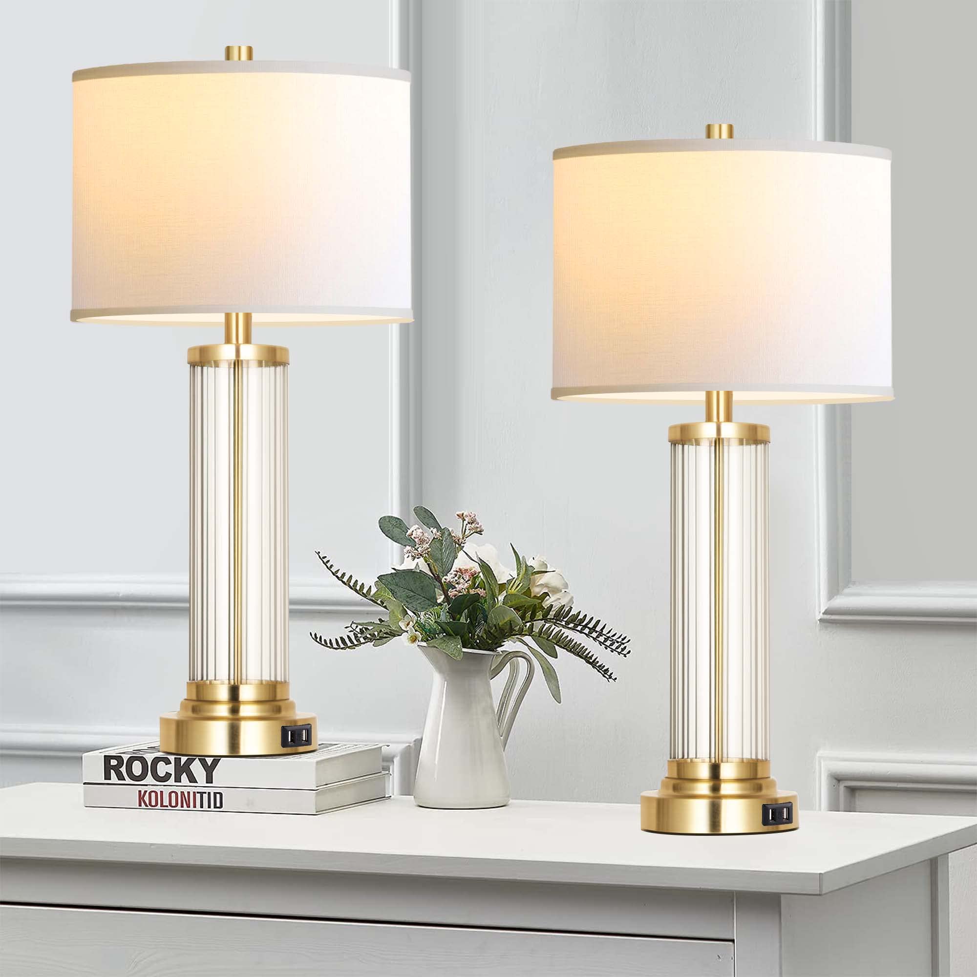 QiMH Touch Control Table Lamp Set of 2, 3-Way Dimmable, Antique Gold, Fabric Cream Shade, Modern Design, LED Bulbs Included