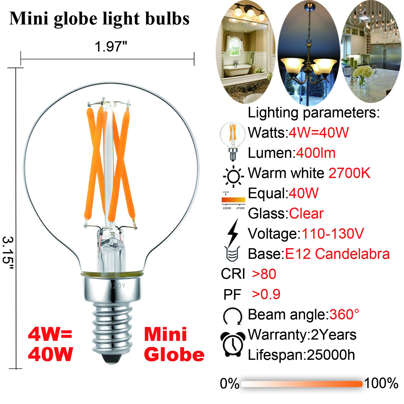 LiteHistory G16.5 Dimmable LED Bulb 40W Equivalent E12 2700K Warm White 6-Pack Glass