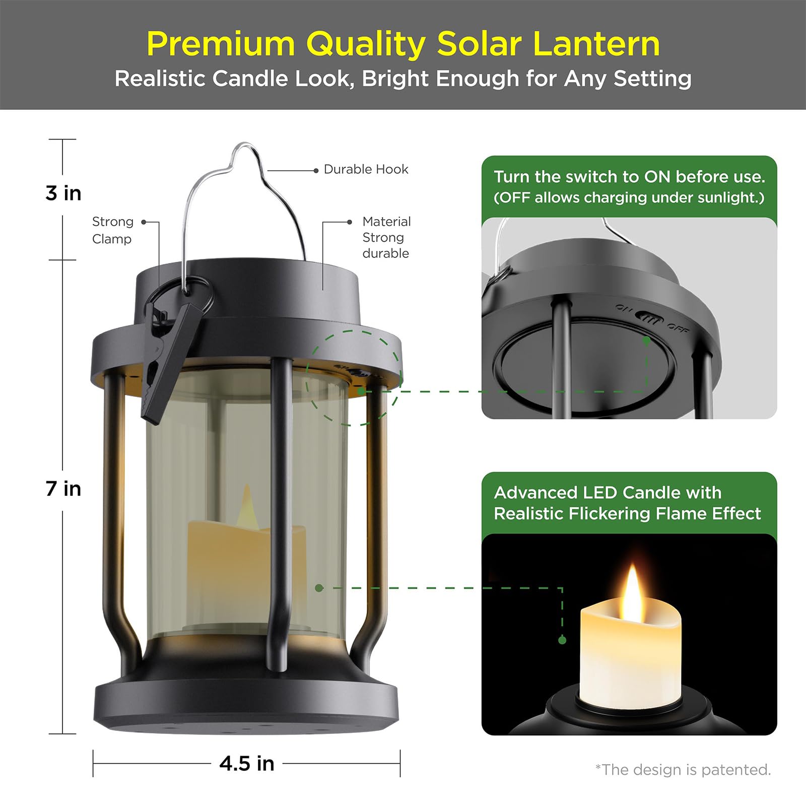 FriutShine Solar Lantern ·Flameless Candle, Weatherproof, 2 Pack, Black + Gray, Model L01