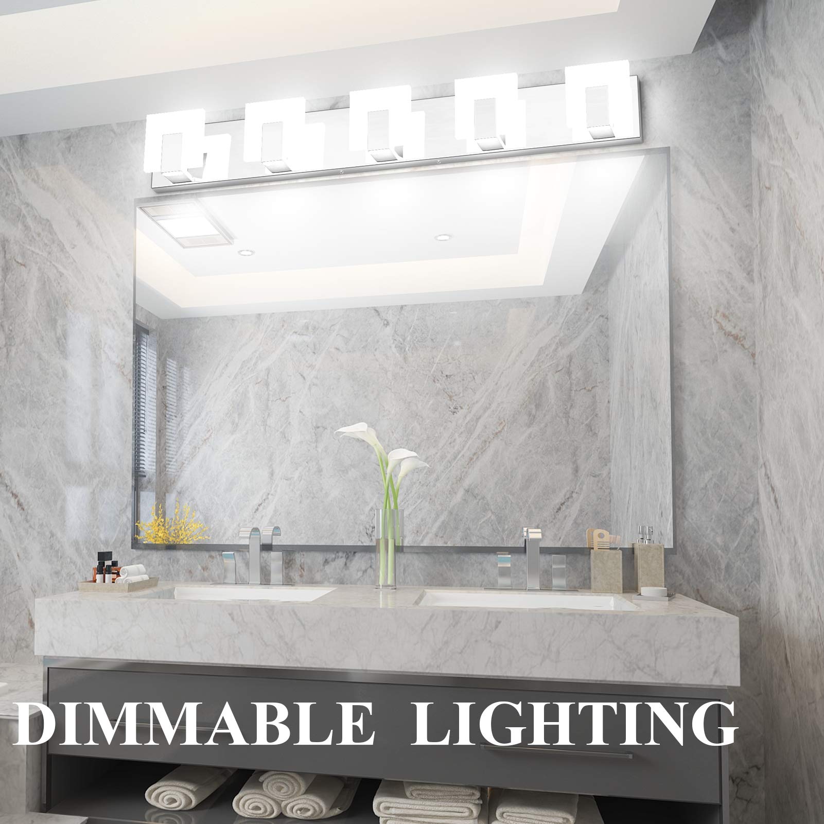 Aipsun Dimmable 5 Lights LED Bathroom Vanity Light Fixture - Chrome Stainless Steel, Model Ca-1105-5T-D, Over Mirror Lighting