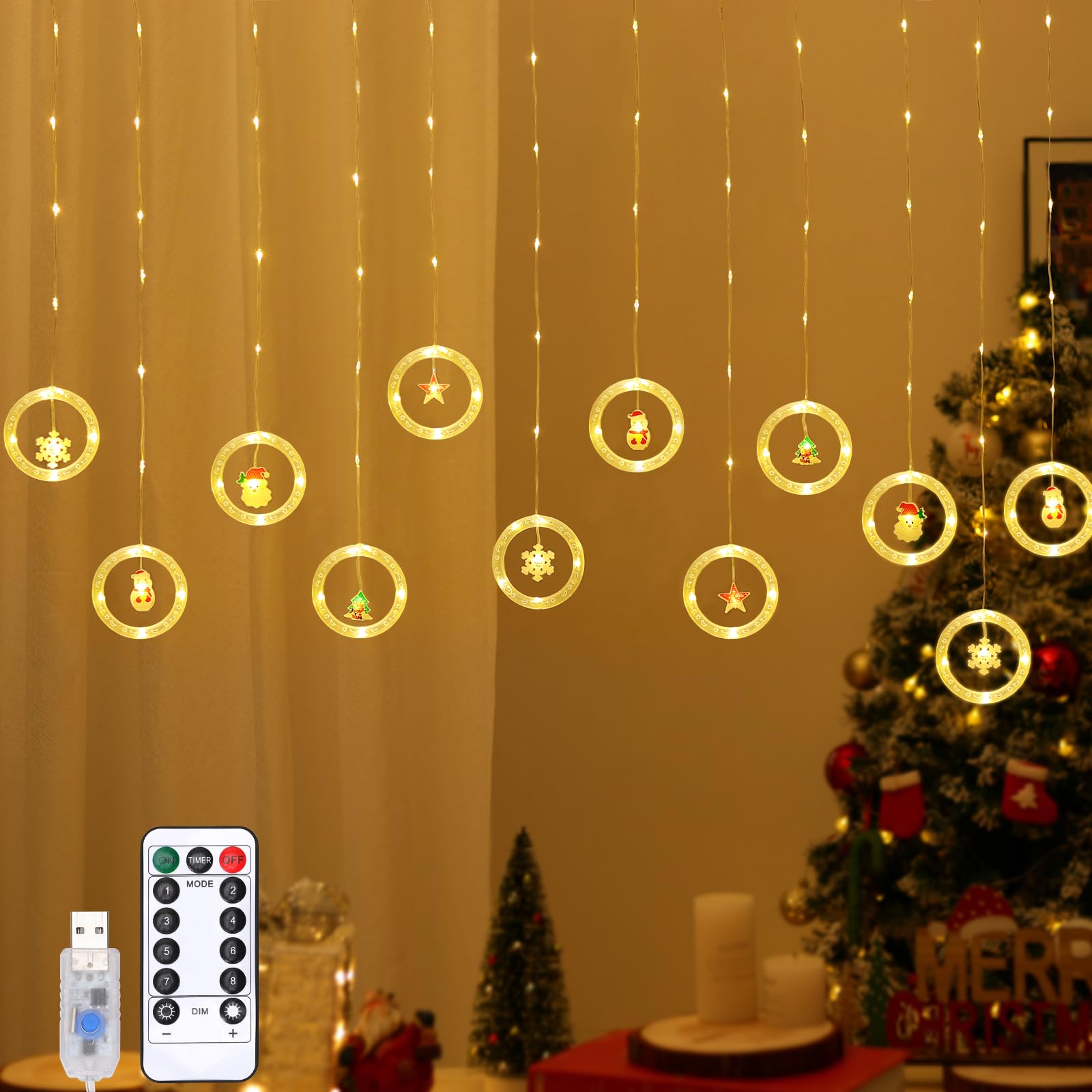 Lewondr 138 LED Christmas Curtain Lights, Santa Christmas Tree Star Heart Hanging Home Lights with 6H Timer & 8 Modes, Remote & USB Powered Fairy Lights, Xmas Decor for Home Party Indoor, Warm Light