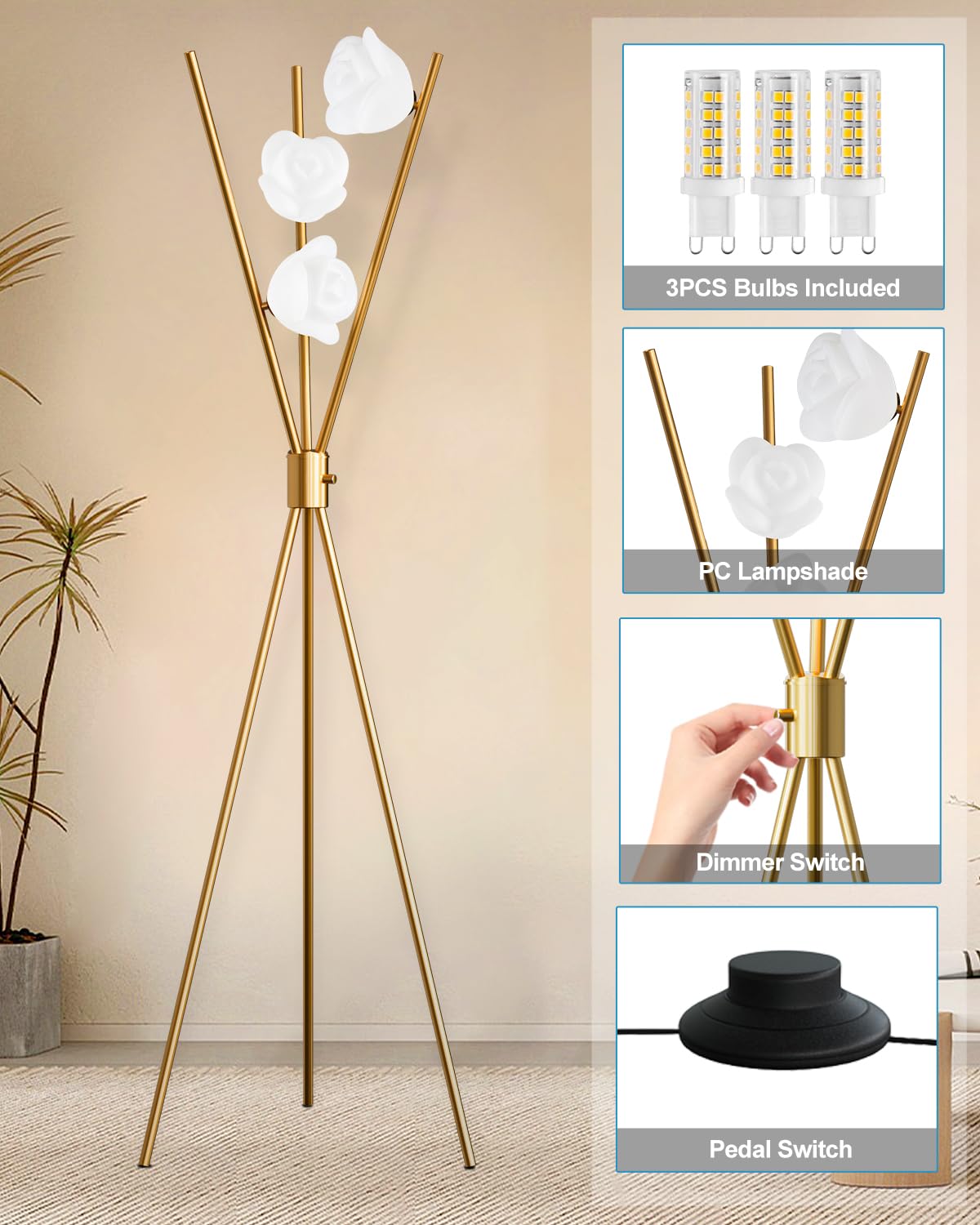 Lightdot Dimmable Tripod Floor Lamp Gold Art Deco Floor Lamp With 3-Flower Lampshade 3Pcs Bulbs Included & Stable Base Tripod St