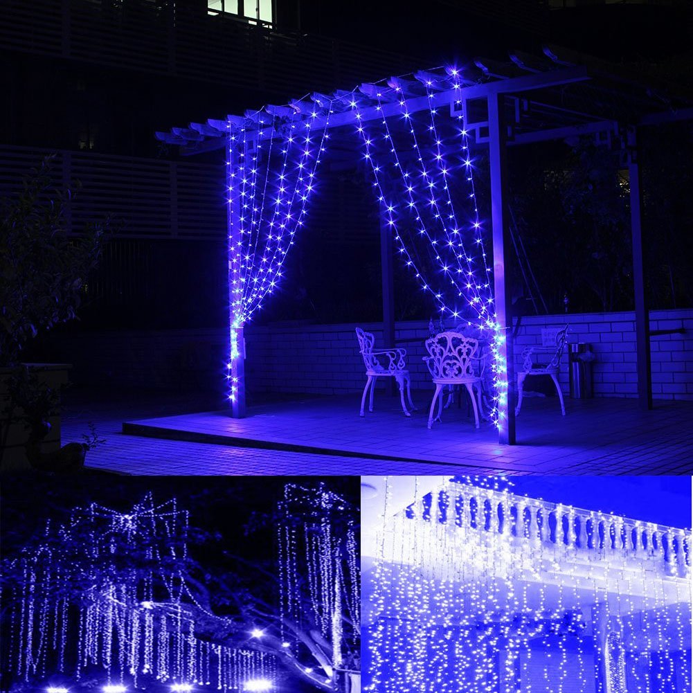 FULLBELL Fairy Lights 33ft 100 LED Outdoor String Lights, Blue, Memory Modes, Extendable, Transparent Wire, Perfect for Weddings and Parties