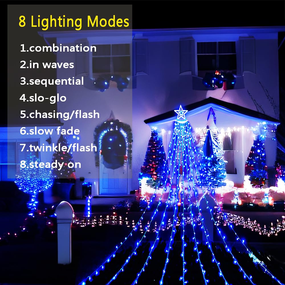 Aokudoni 12.6Ft 350 Led Blue Waterfall Christmas Lights, 8 Modes For Outdoor Decorations