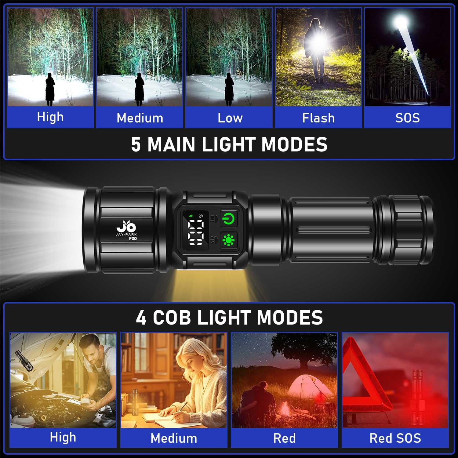 JAY-PARK High Lumens Rechargeable Flashlight 100000 Lumens, 9 Modes, Small Gray Aluminum, Model F20