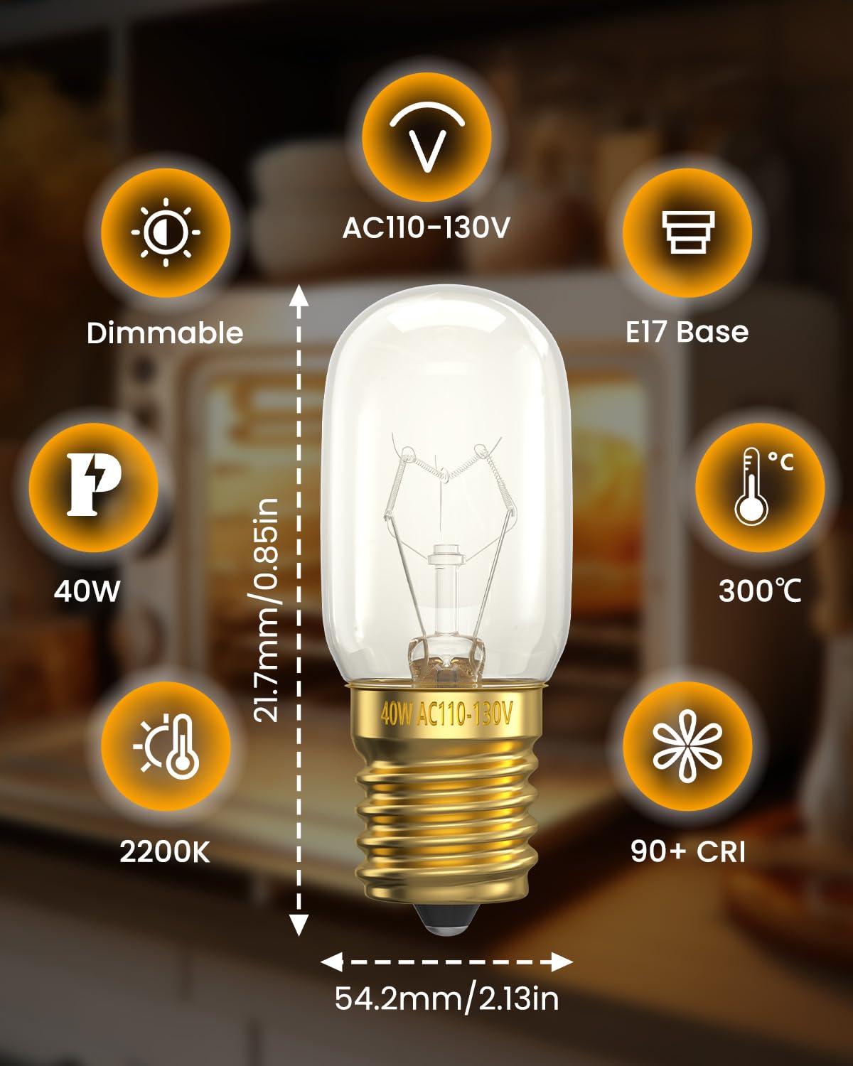 Doright Microwave Oven Light Bulb, 40W 110-130V E17 Oven Light Bulb, 2300K Warm White Dimmable Incandescent For Ovens/Microwaves