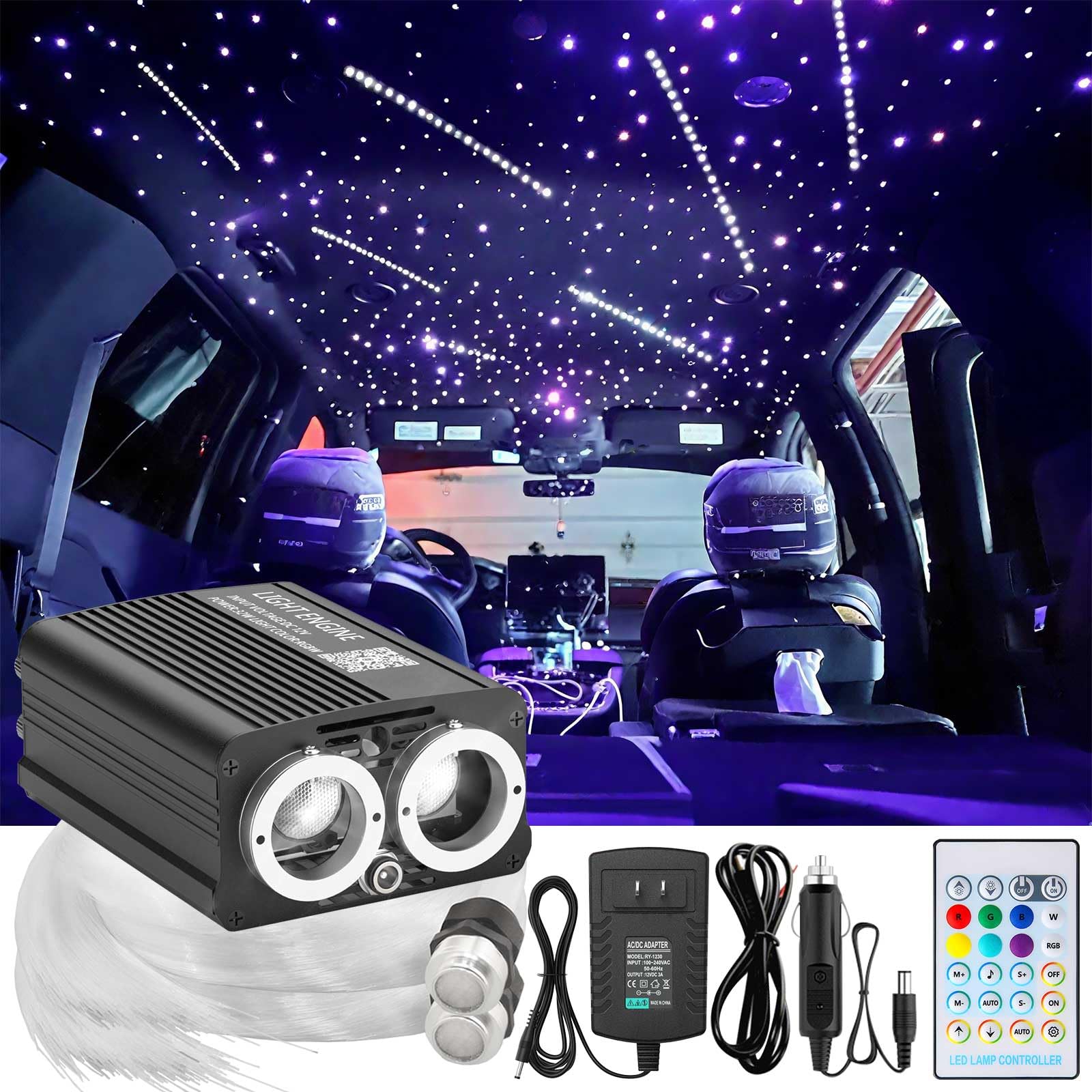 XAEIOW Dual Port 32W Starlight Headliner Light Kit, RGBW, 9.8ft Fiber Optical Cable, Sound Activated, for Car/Home/Party