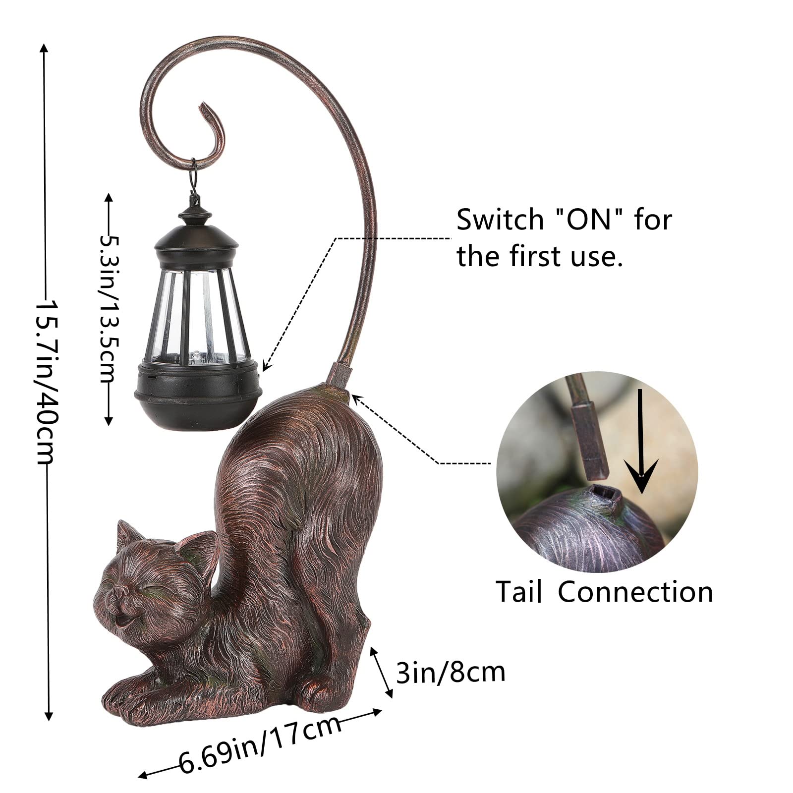 Hapyard Laughing Cat Figurine With Solar-Powered Led Light, 15.7 Inches Tall Antique Bronze, Perfect For Gift Garden Decor Or Housewarming For Cat Lovers.