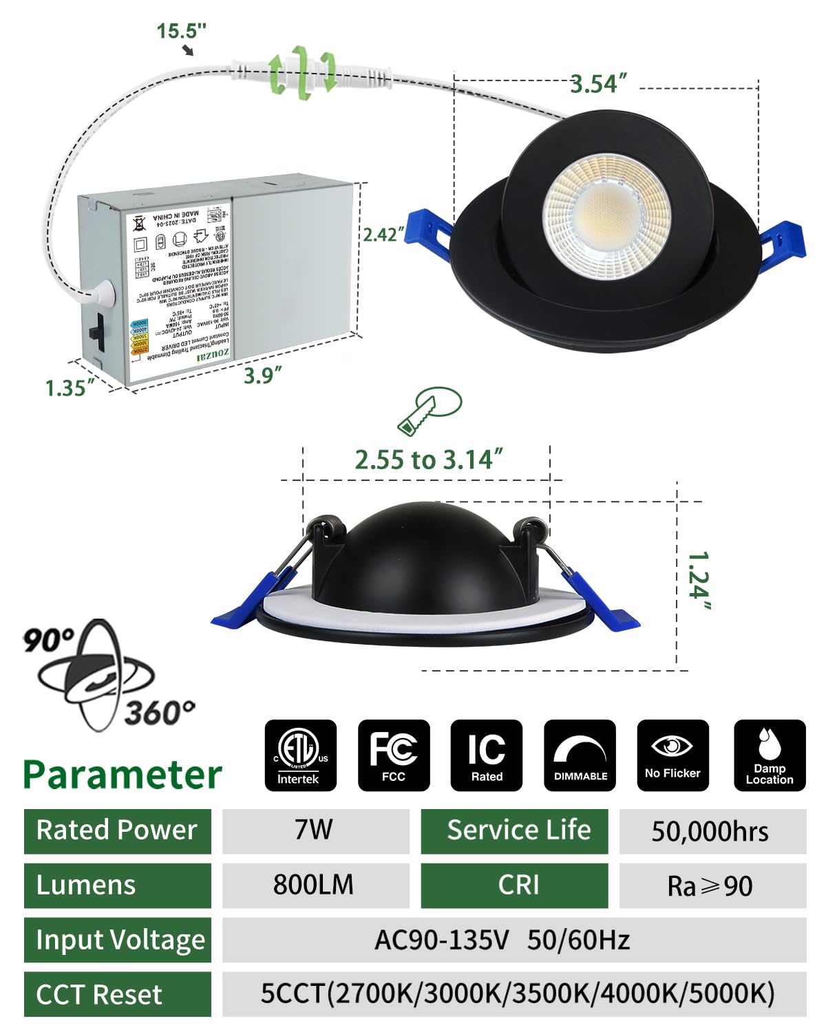 Zouzai 12 Pack 3 Inch Black Adjustable Gimbal Led Recessed Light  360 Rotation & 90 Tilt For Precise Lighting  5Cct Dimmable Eyeball Light With Junction Box  Etl & Energy Star