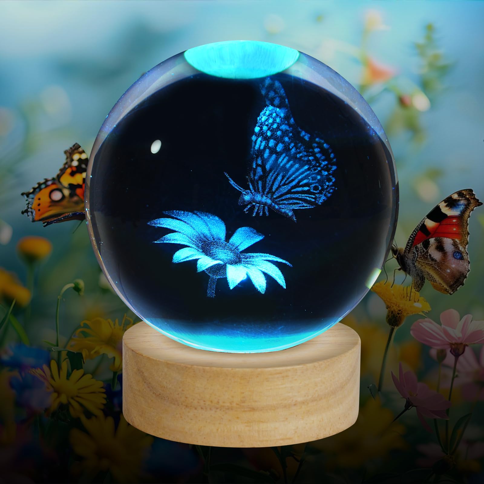 ZXBLAQ 3D Butterfly Crystal Ball Night Light, Upgraded 3.15 Inch Glass Ball Lamp with 16 Color LED Wooden Base, Butterfly Lamp B