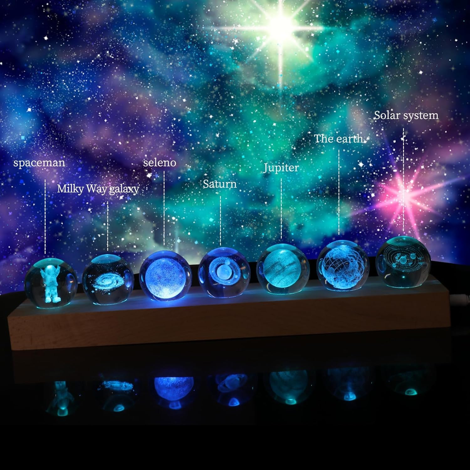 7 Pcs Planet Crystal Ball Night Light Celestial Balls Lamp with LED Wooden Base, 3D Earth Moon Saturn Galactic System Crystal Ba