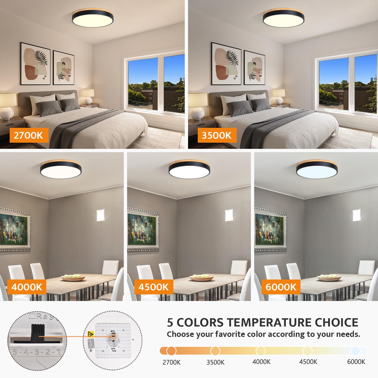 Yiisem Dimmable Wood Led Flush Mount Ceiling Light, 5Cct 2700K-6000K Modern Black Close To Ceiling Lighting Fixtures, Minimalist