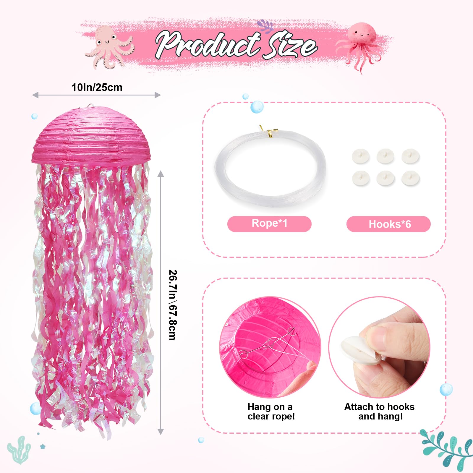 6Pack Pink Jellyfish Paper Lanterns, Under The Sea Party Decorations With Hooks+Rope, Hanging Jellyfish Paper Lanterns For Mermaid Party Ocean Beach, Birthday Party Baby Shower Baby Room