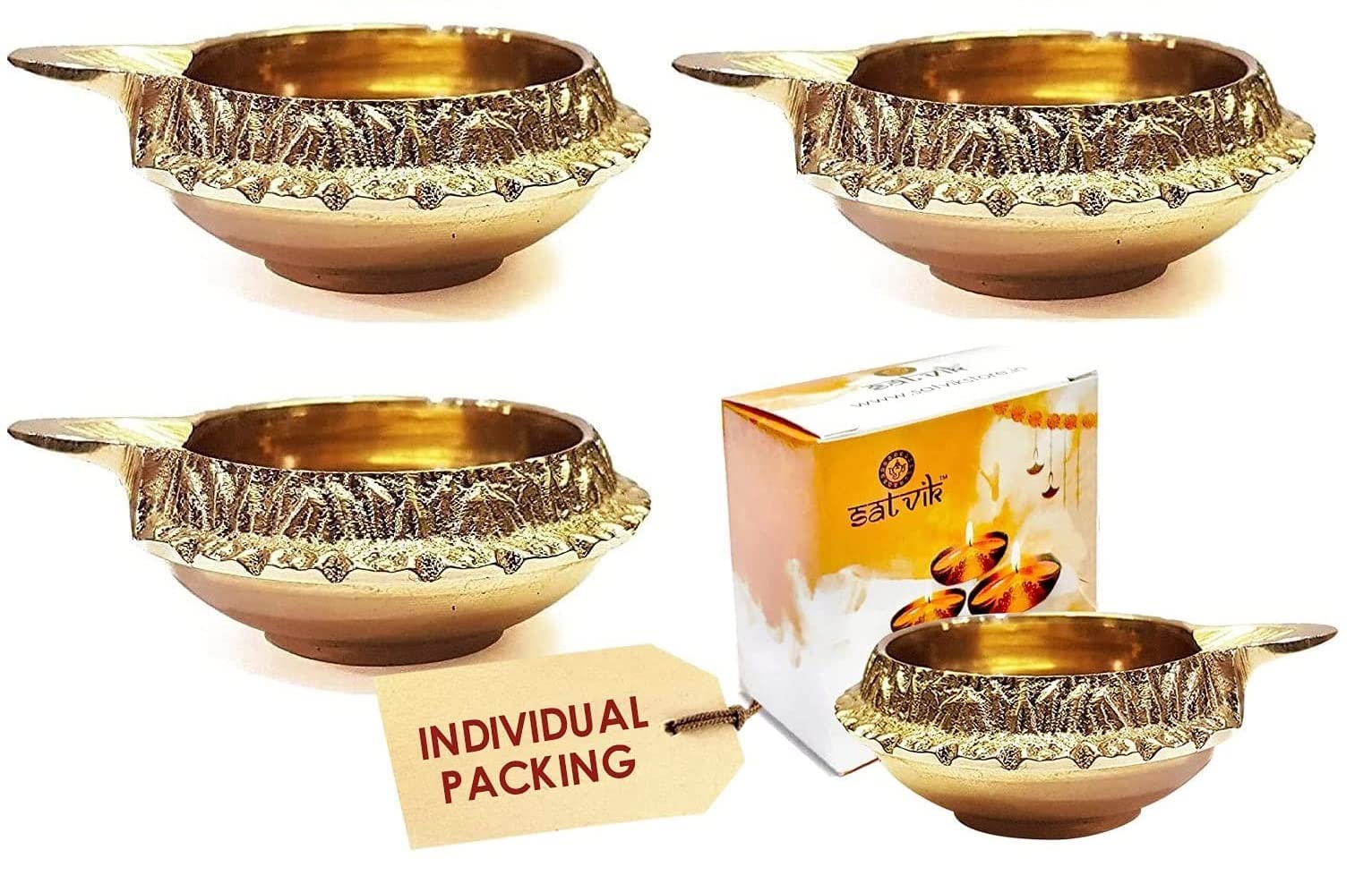 SATVIK 4 Pc Kuber Diya for Diwali Decoration. Handmade Oil Lamp Golden Engraved Made of Virgin Brass Metal Vilakku for Puja Pooj