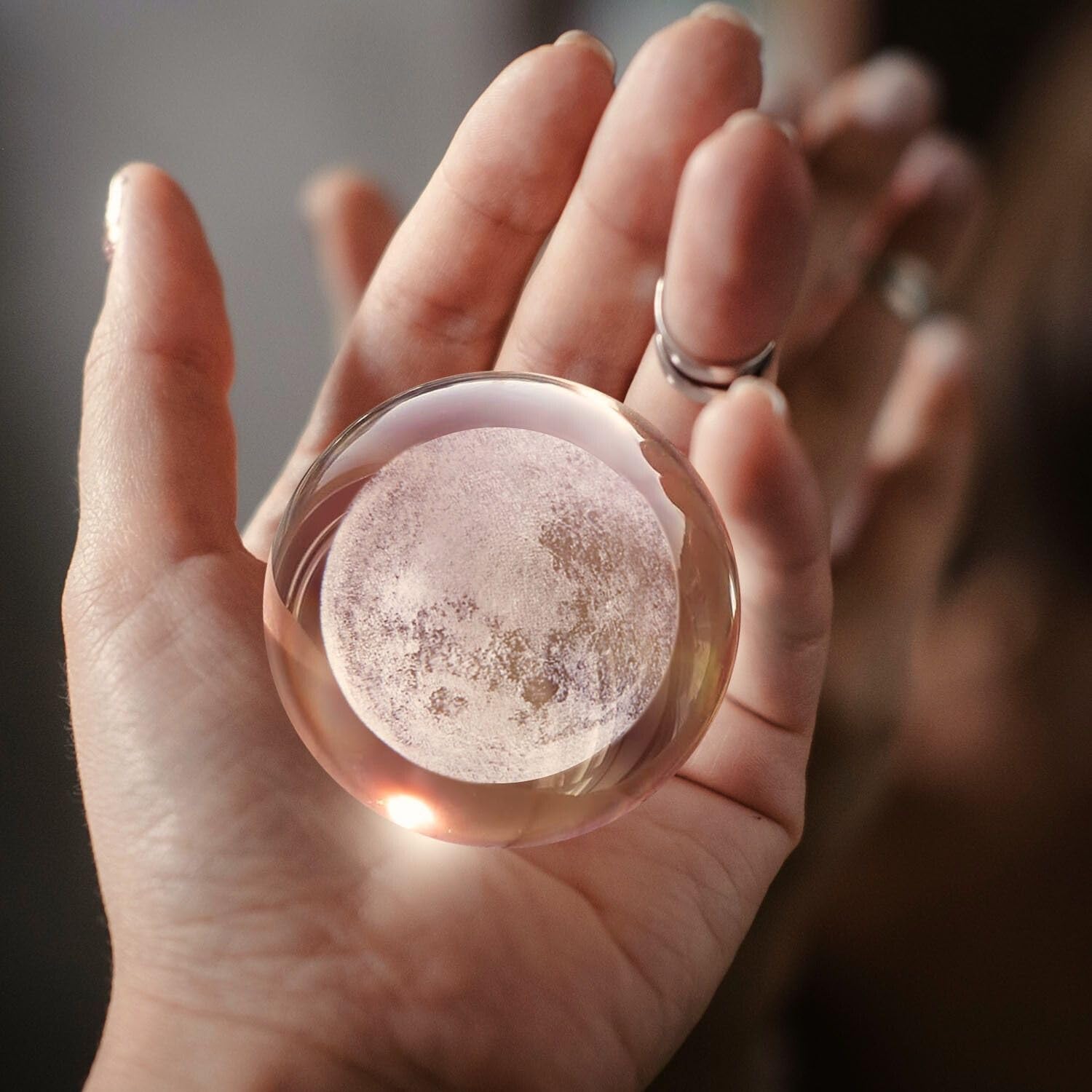 Flexzion 3D Moon Crystal Ball Night Light - Led Light Hologram Glass Lamp With Solid Wood Base, Usb Powered Crystal Ball Lamp Wi