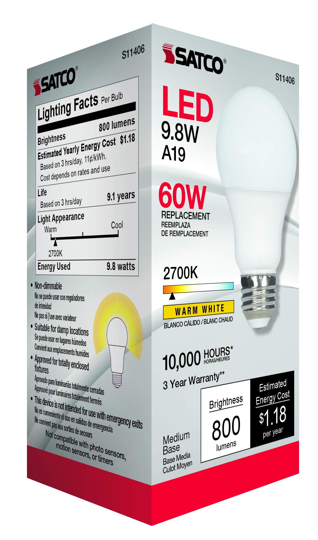 Satco S11406 Econo LED A19 Light Bulb, 60W Replacement, 2700K Warm White, 800 Lumens