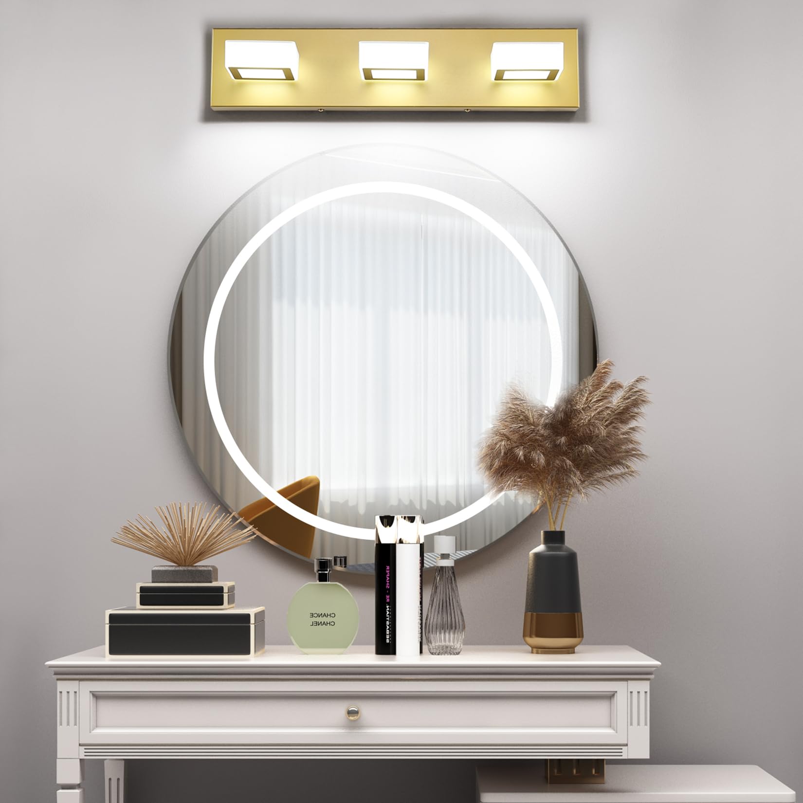 Ralbay Gold Bathroom Vanity Lights 3-Light LED Fixture, 20 Inch, Metal, White Light 6000K, Model 8590-gold-silver