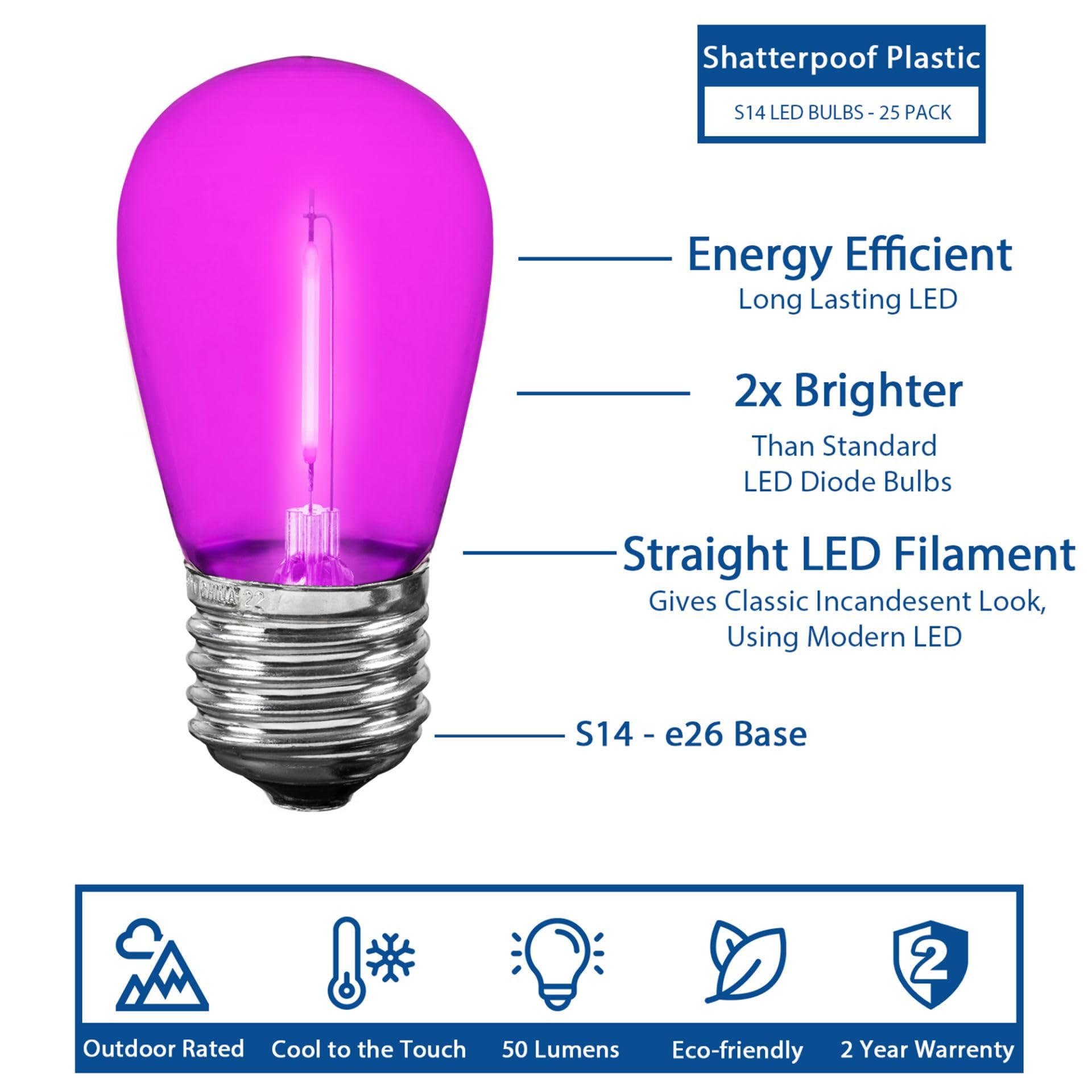 Novelty Lights S14 LED Outdoor String Light Replacement Bulbs, 25 Pack, Shatterproof Plastic, Pink, E26 Base, 30,000-Hour Lifespan