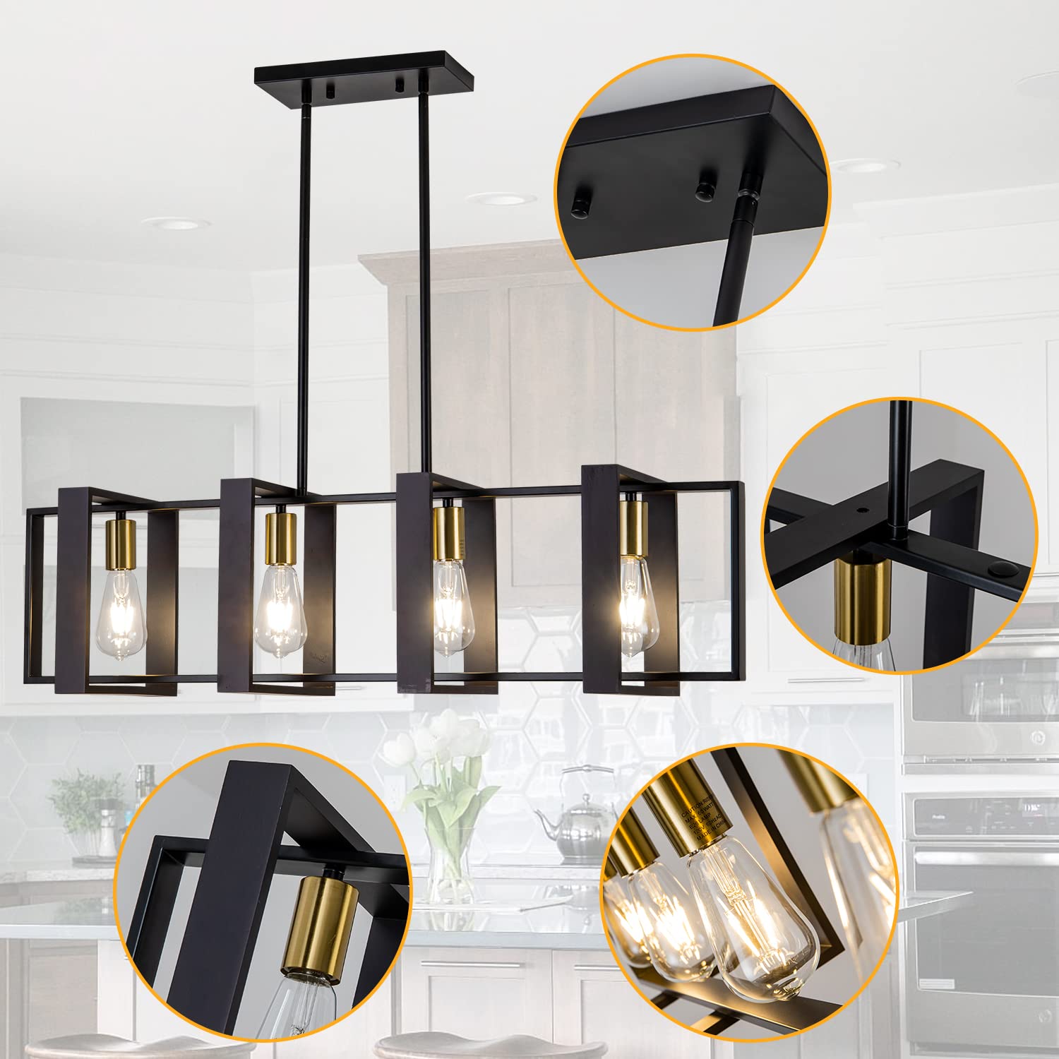 Poroulux Black Farmhouse Kitchen Island Chandelier, 4 Lights, Metal, 1001 Series, Industrial Ceiling Fixture for Dining Room