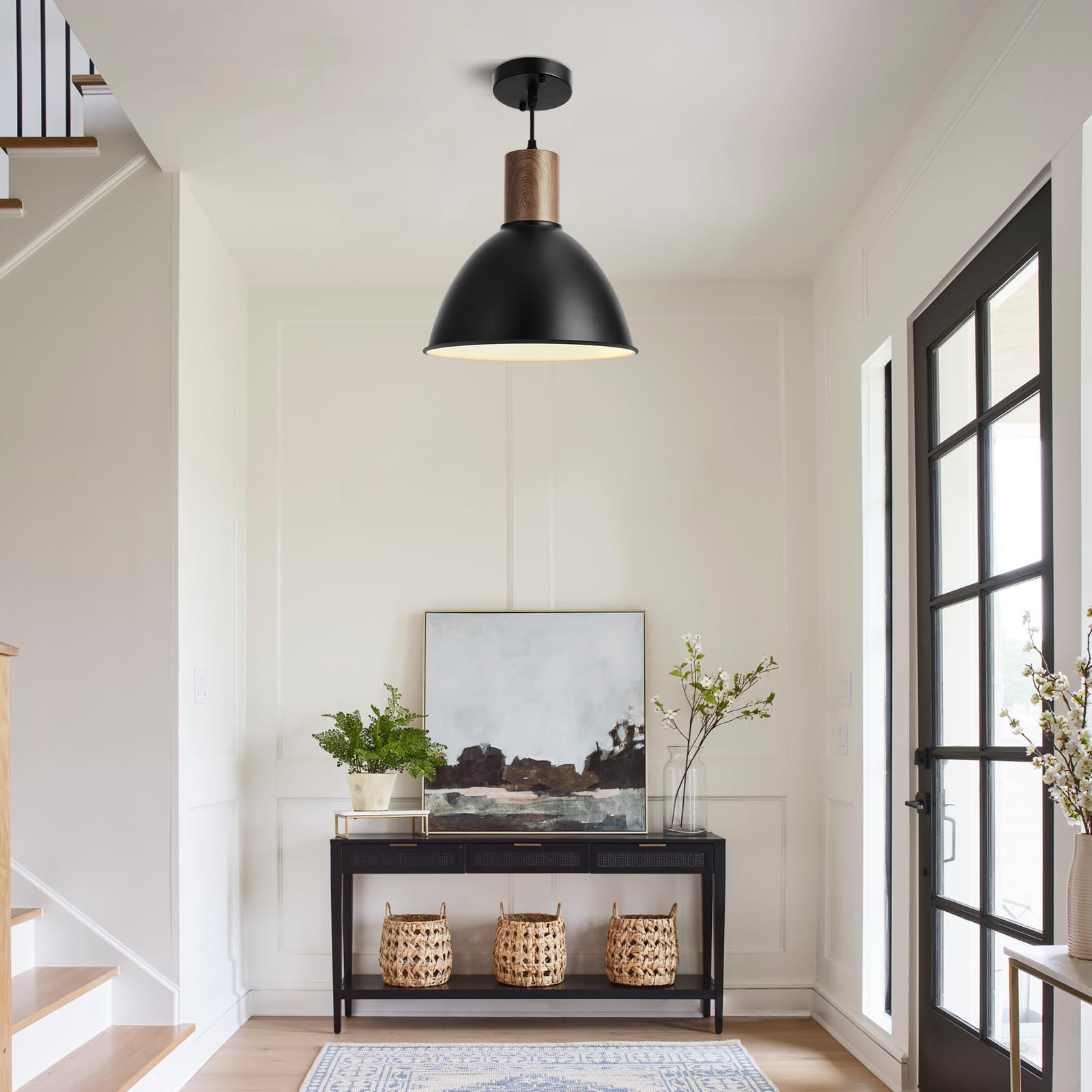 Modern Industrial Pendant Light Fixture, 11.6 Inch Large Adjustable Ceiling Hanging Lamp With Hammered Metal Shade,Black Lantern