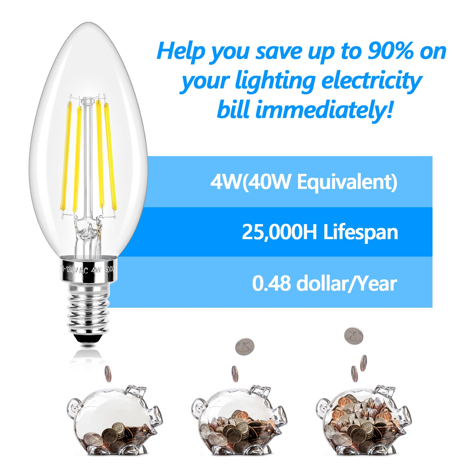 Led Candle Bulbs 40W Equivalent, E12 Candelabra Light 4W 470Lm Clear Edison, Daylight White 5000K B11 Classic Bright Filament, N