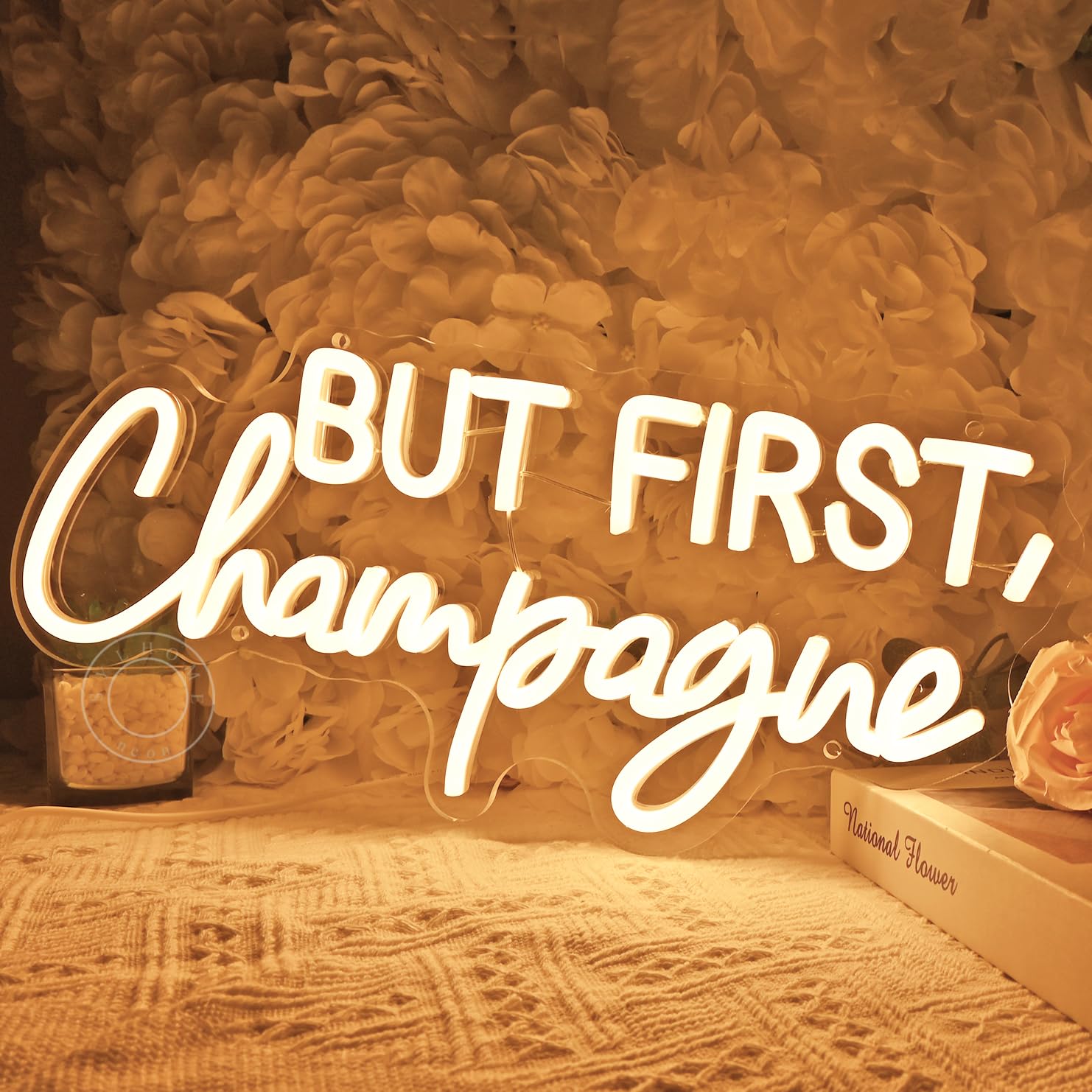 Sylhome But First Champagne Led Neon Light Sign Home Bar Kitchen Man Cave Pub Wall Sign Decor Wedding Birthday Grad Party Backdrop Drinks Christmas Gifts 16.54"X7.1" Usb Warm