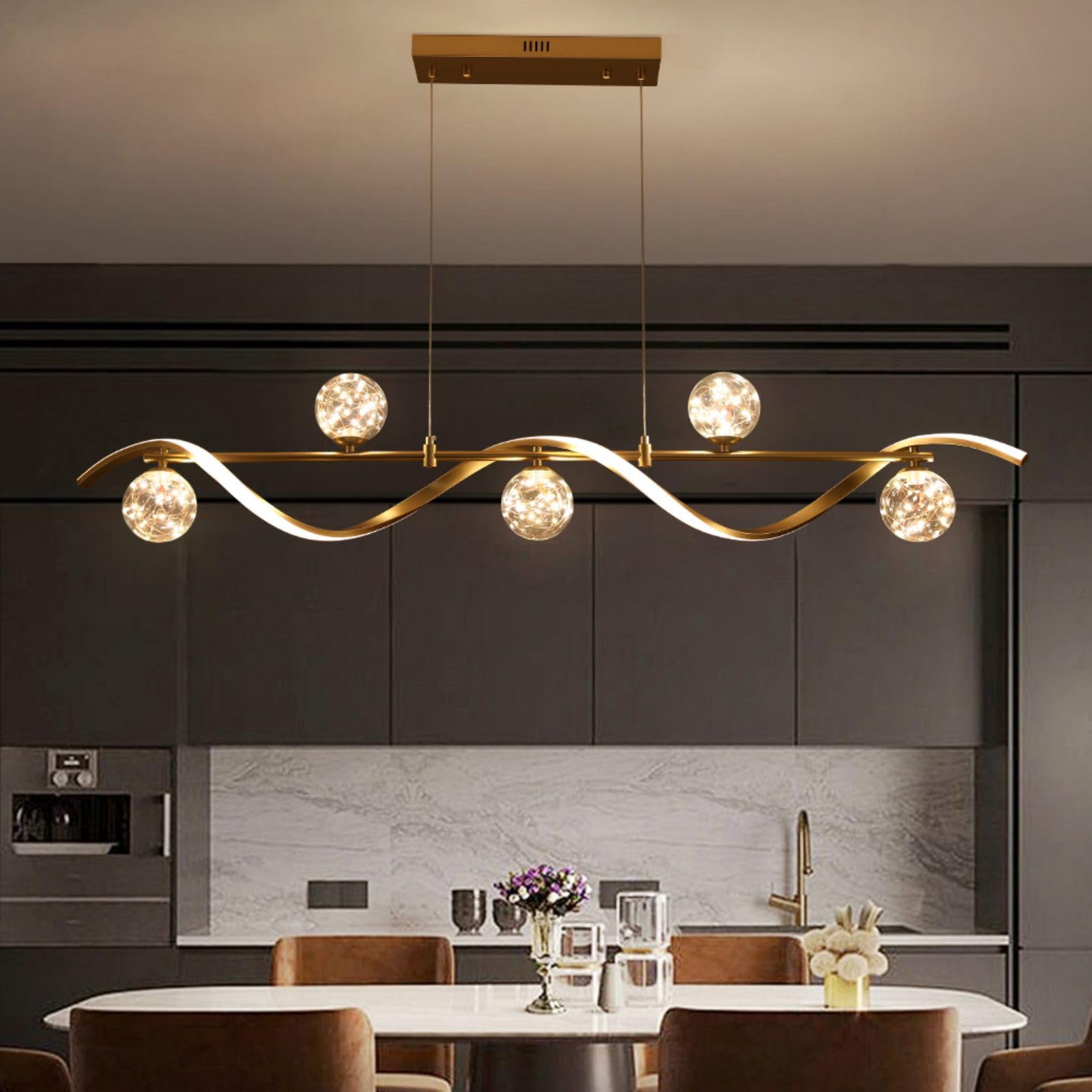 BULUXE Island Lights for Kitchen  Modern Dining Room Light Fixture Linear Kitchen Island Lighting (6-Light Gold)