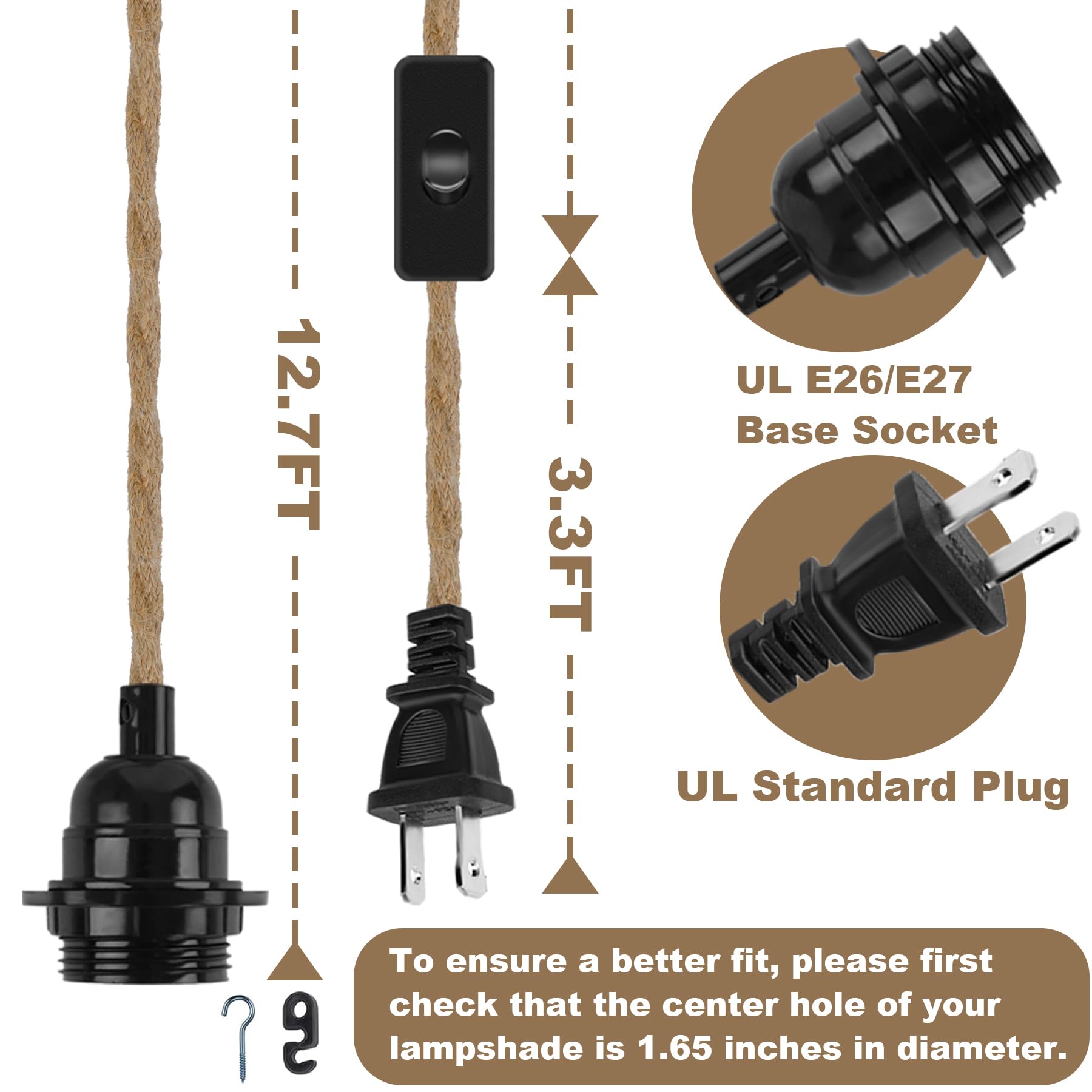 Zarnicy Plug In Hanging Light Cord Kit - 16Ft Pendant Hemp Rope E26 E27 Lamp Socket Lantern Bulb Cord With Plug  On/Off Switch For Vintage Farmhouse Lighting  2 Pack