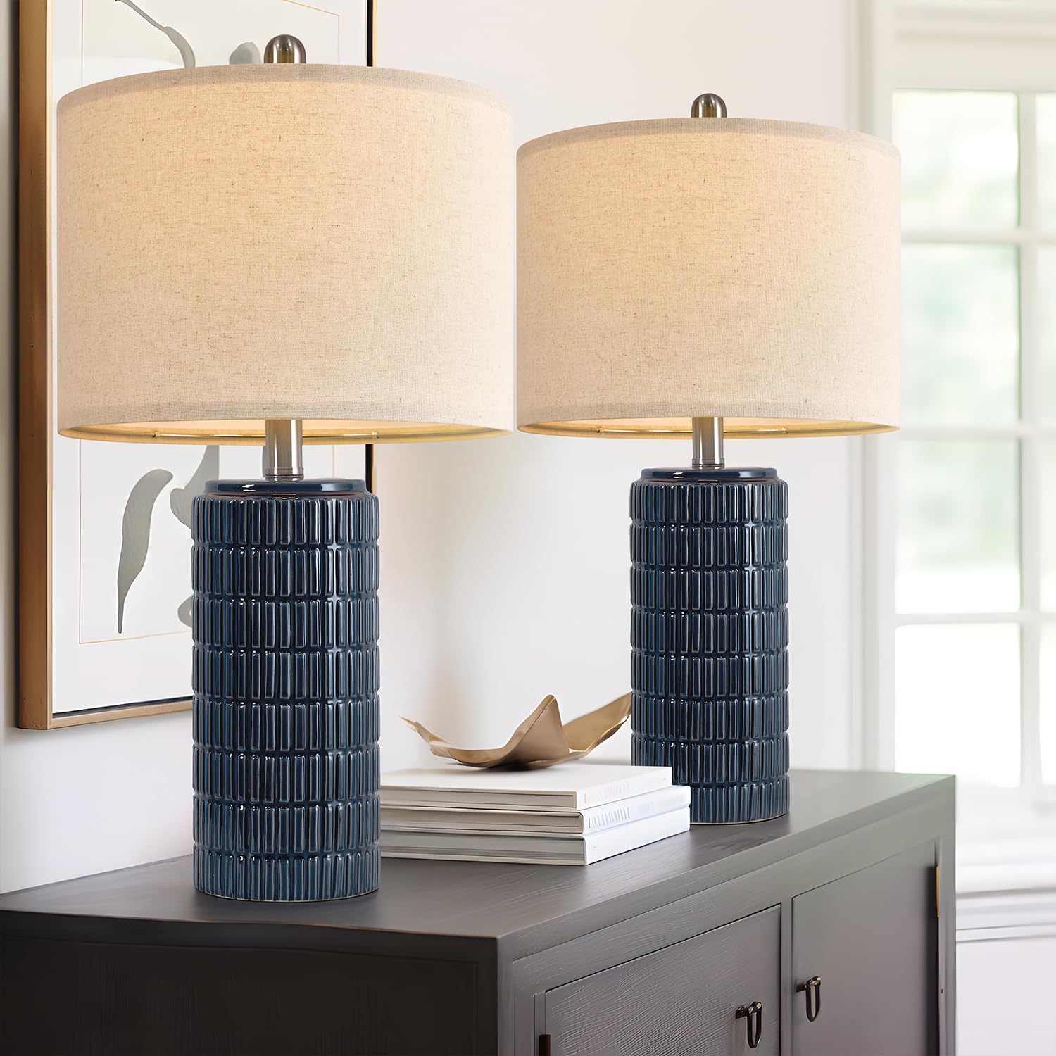 PoKat 23" Blue Ceramic Table Lamps - Farmhouse Style Bedside Lamps, Set of 2, Medium Size for Bedroom & Living Room, Model AMZ-T1102BL