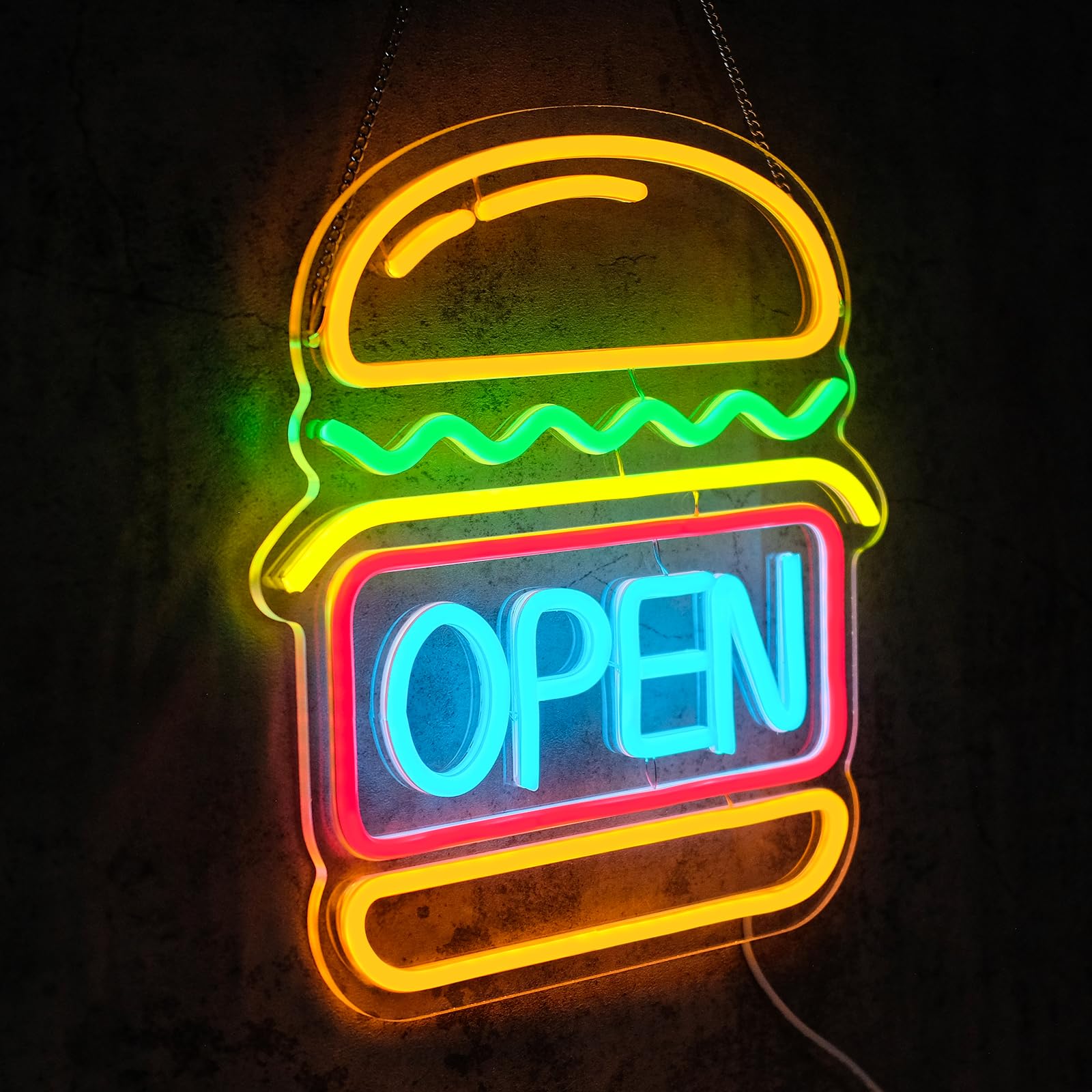 Virlusy Open Neon Sign - Dimmable Hamburger LED Wall Decor, Medium, Acrylic, Multi-Color, Model YL-Open Burger for Restaurants & Parties
