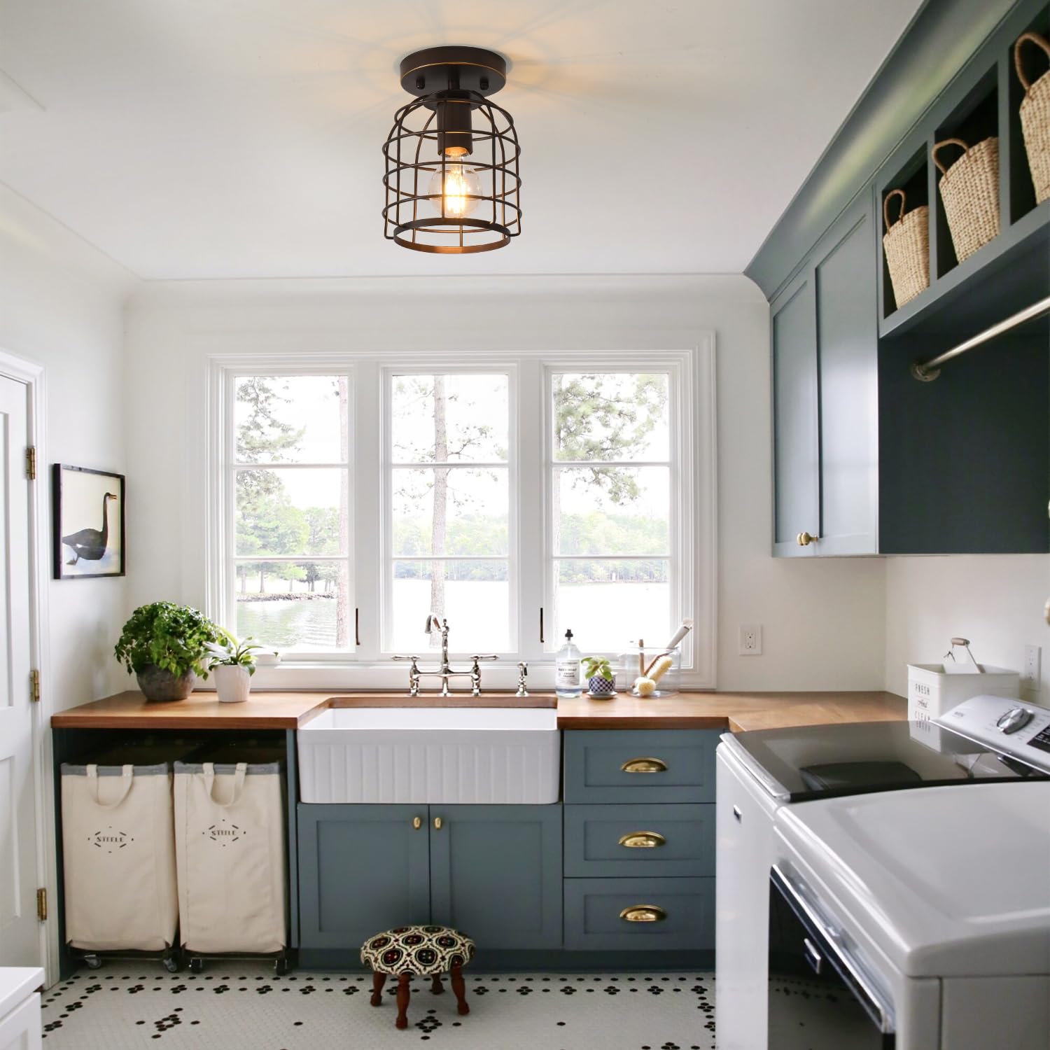 Create For Life Industrial Vintage Flush Mount Ceiling Light, Metal Cage, Oil Rubbed Bronze, 2 Pack, Model 2pkfxd16002